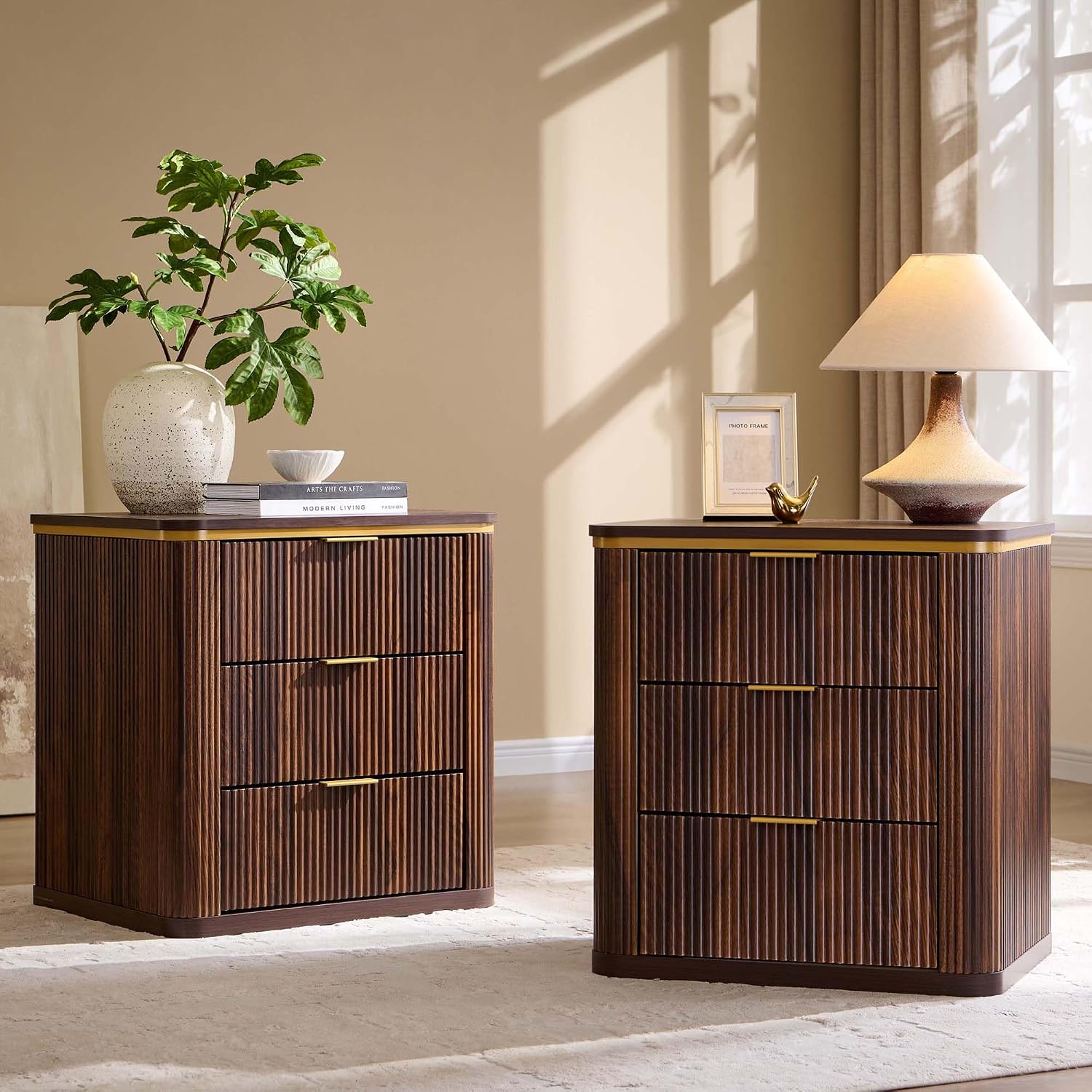 T4TREAM Fluted 3 Drawers Nightstand Set of 2, 24" Large Mid Century Modern End Table, Bedside Table for Bedroom, Living Room, Dark Walnut