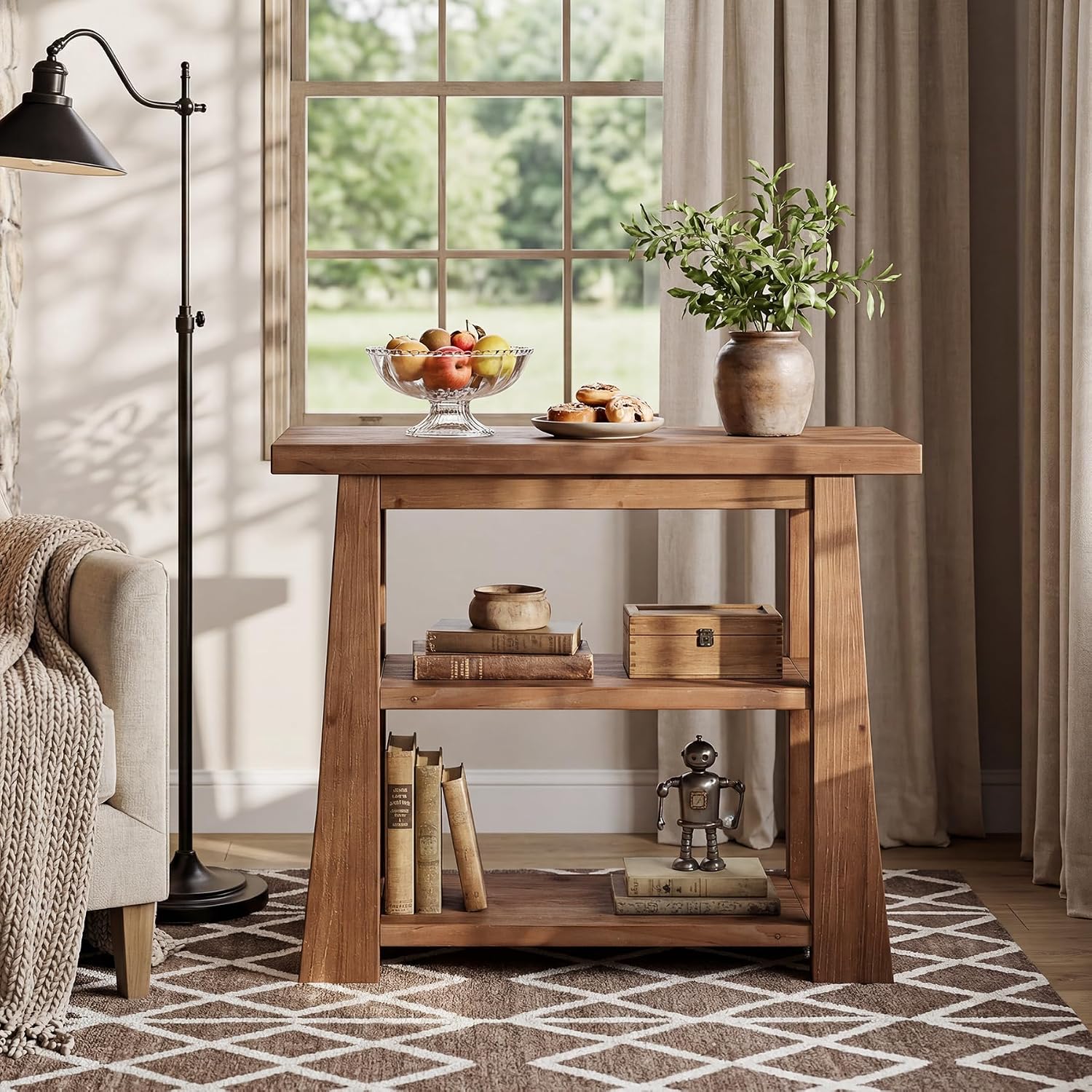 27.55 Inches Solid Wood End Table Set of 2, Rustic Nightstand with Open Storage Shelves, 3-Tier Narrow Sofa Side Table for Living Room, Bedroom, Small Spaces