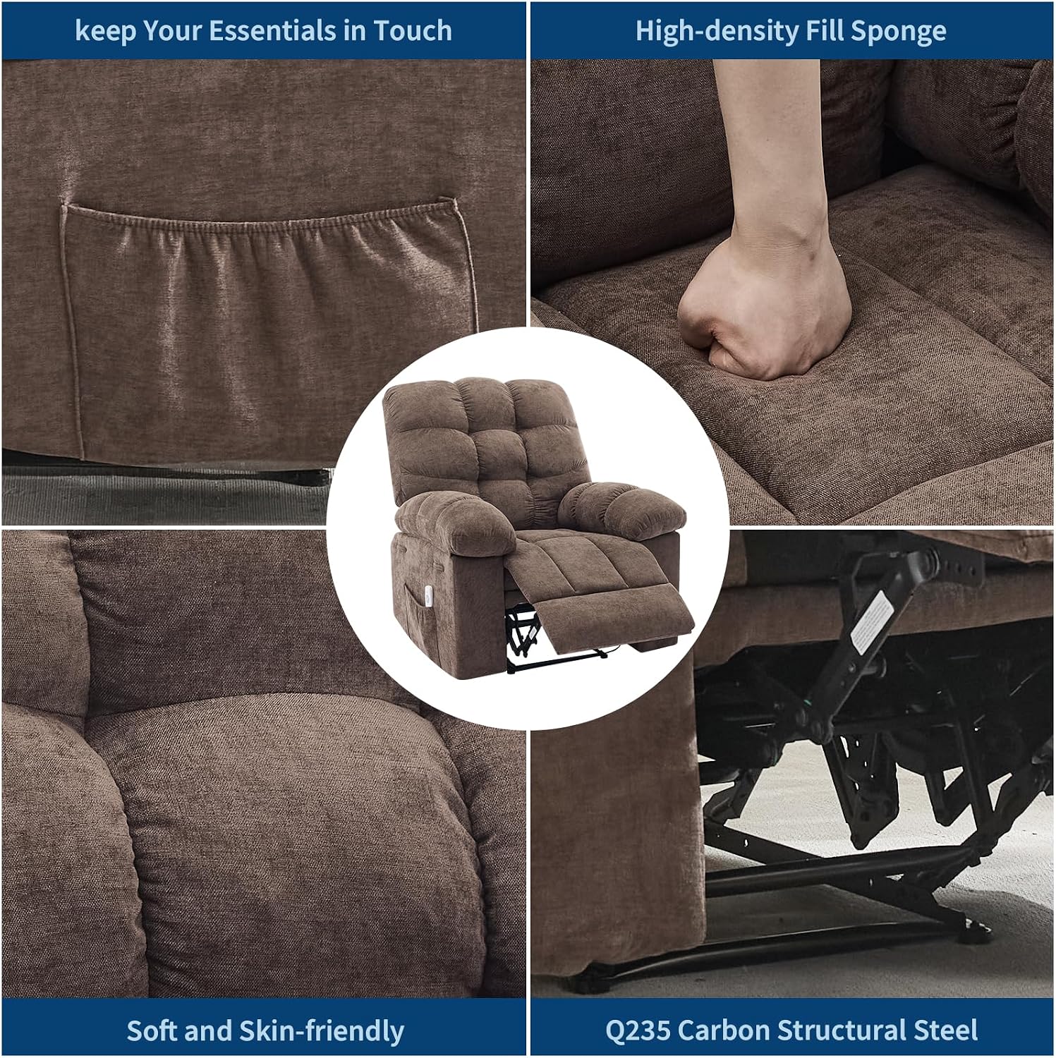 Rocking Recliner Chair with Massage & Heat, Overstuffed Fabric Upholstery, Remote Control, Side Pockets, for Living Room, Bedroom, Nursery, Home Theater, Coffee