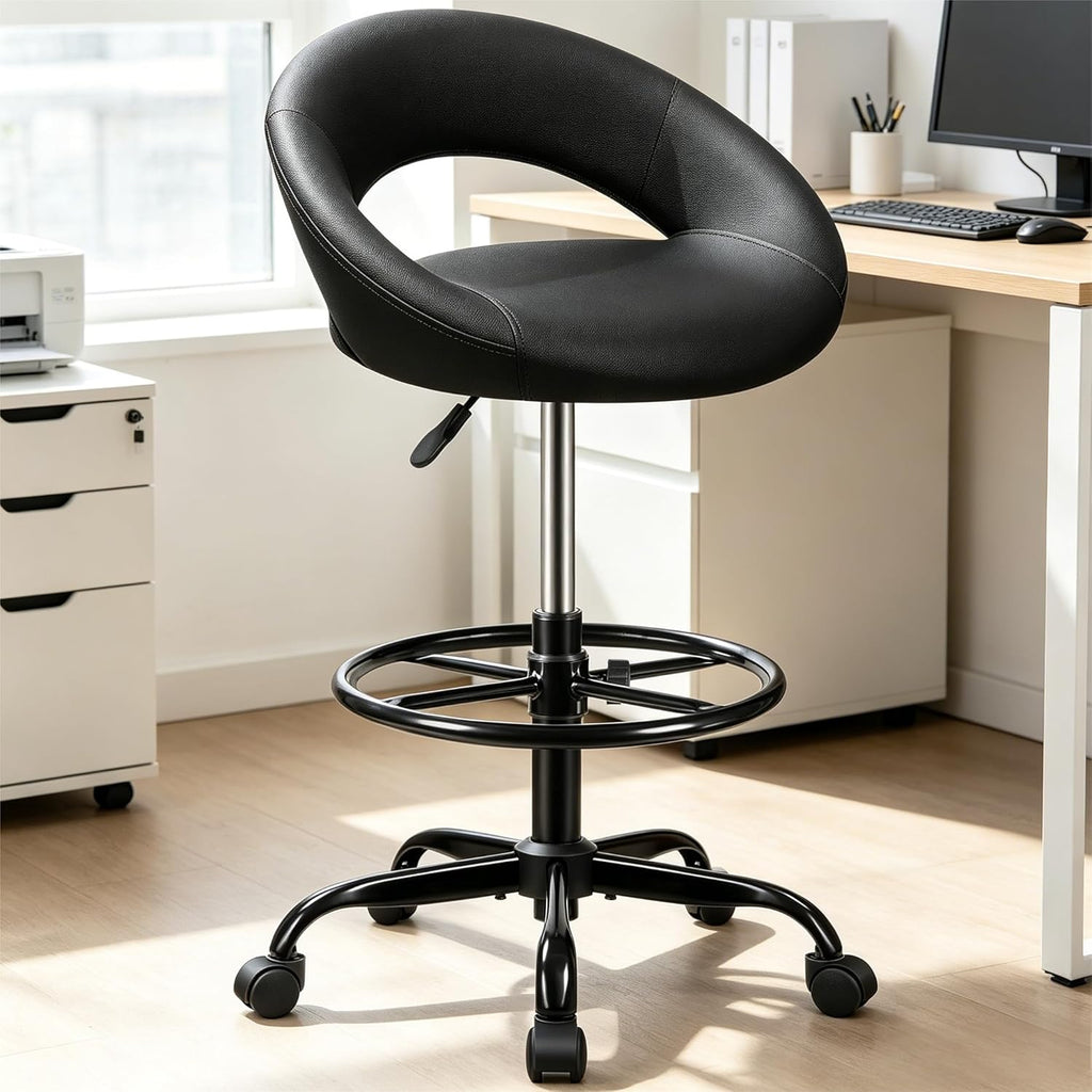 Ergonomic Drafting Chair for Standing Desk – Height Adjustable Tall Rolling Stool with Foot Rest, Back Support & PU Leather, 360° Swivel Wheels for Home Office Kitchen Counter Salon, Black