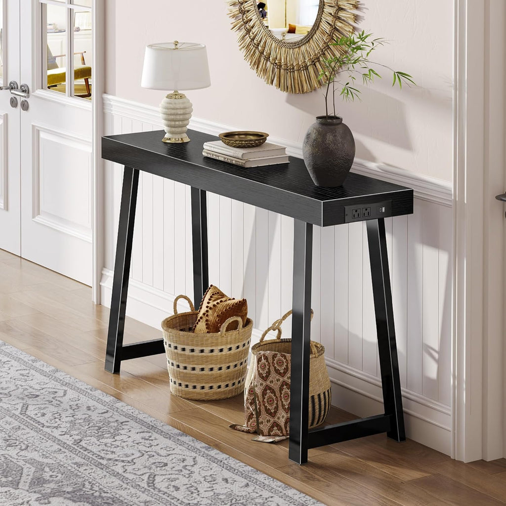 Huuger Entryway Console Table with Charging Station, USB-C Port, 47.2 Inch Sofa Table with Metal Legs, Entry Hallway Table with Thicker Desktop, Modern Behind Couch Table, Black