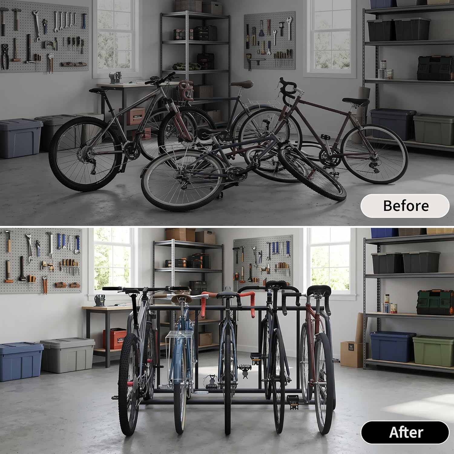 5-Bike Rack Stand, Single Sided Freestanding Metal Bicycle Storage Holder, Heavy-Duty Grid Bike Parking Organizer, Rustproof Steel Bike Stand for Garage Outdoor Home School