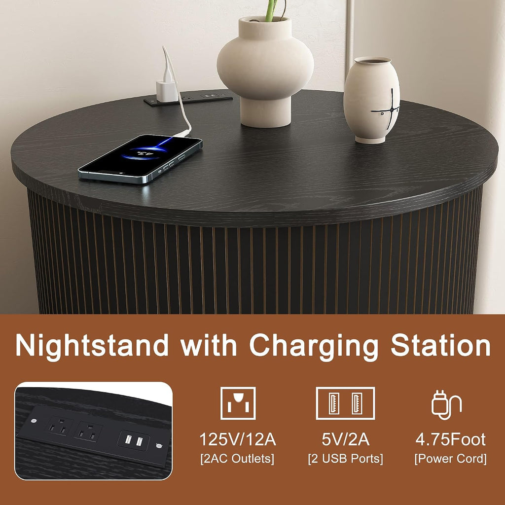 Mid Century Modern Side Tables Living Room with Charging Station, Small Side Table with Sliding Door, 24" Large Round End Tables Living Room with 2-Tier Storage, Black Nightstand for Bedroom, Entryway