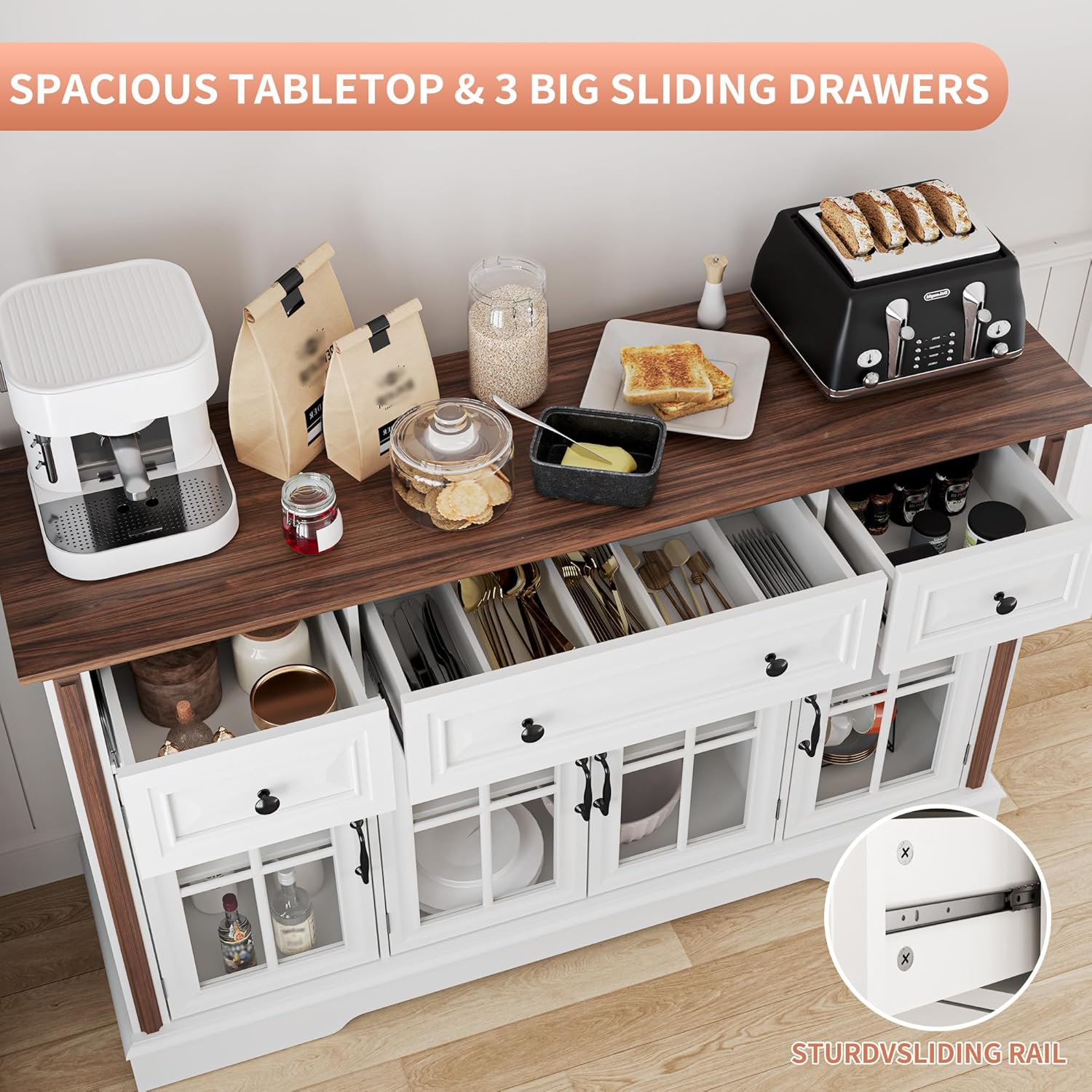 Sideboard Buffet Cabinet with Storage and Glass Doors,4-Door Cabinet with 3 Drawers,53.5" Farmhouse Modern Sideboard with Adjustable Shelves,Coffee Bar Cabinet for Kitchen & Dining Room,White