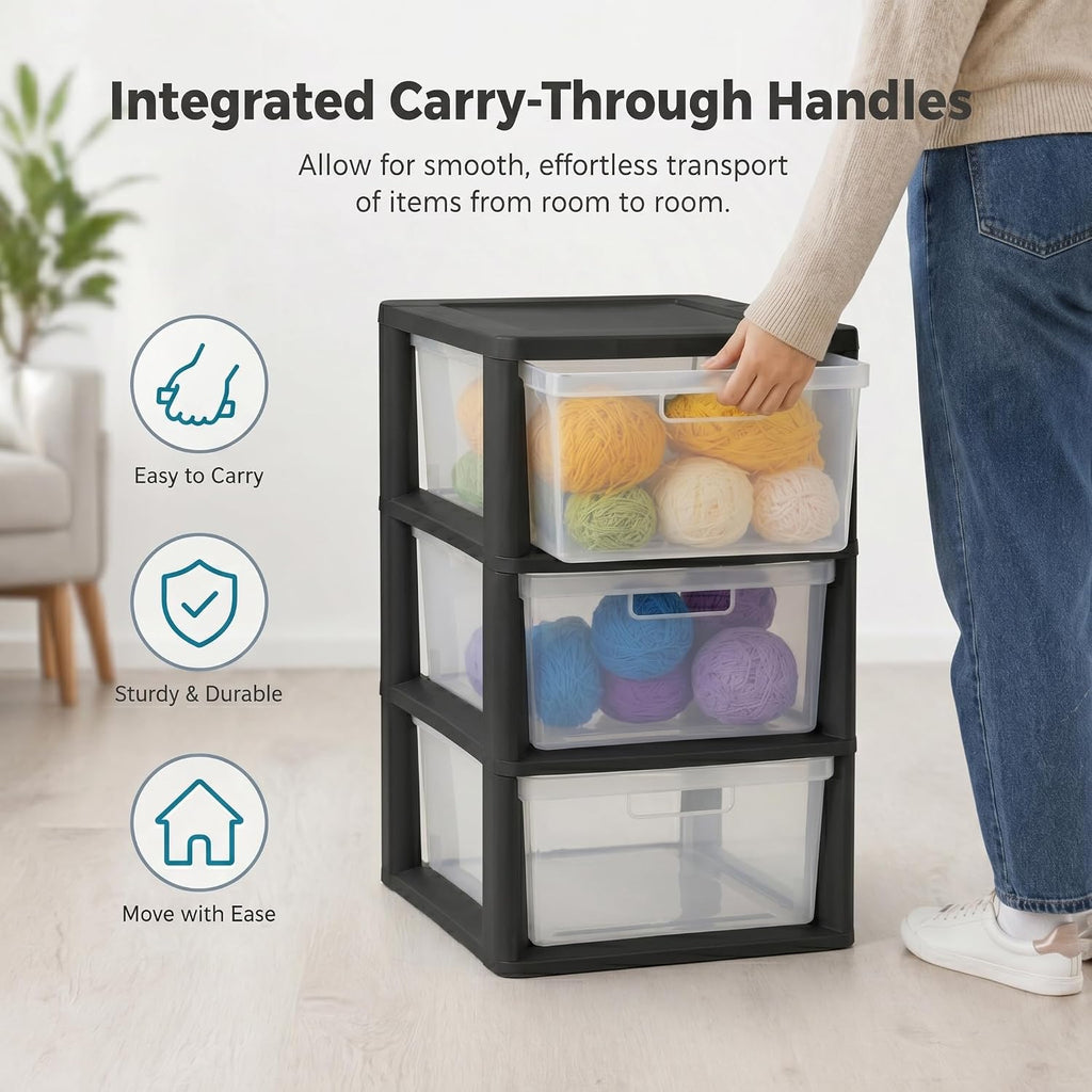 3-Drawer Plastic Storage Organizer Tower, Black Frame with Clear Removable Bins, Tool-Free Assembly, 25.25" H - Stationary Multi-Purpose Drawer Storage