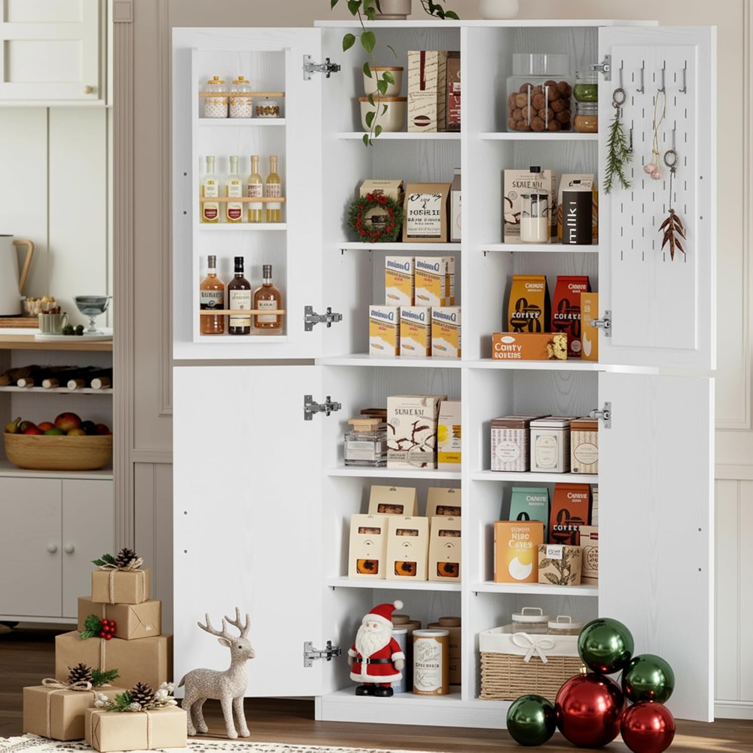 IRONCK 71" Kitchen Pantry Storage Cabinet with Storage Rack, Pegboard Doors, 4 Adjustable Shelves, Food Pantry Cabinet, Freestanding Tall Cupboard for Dining Room, Kitchen, White