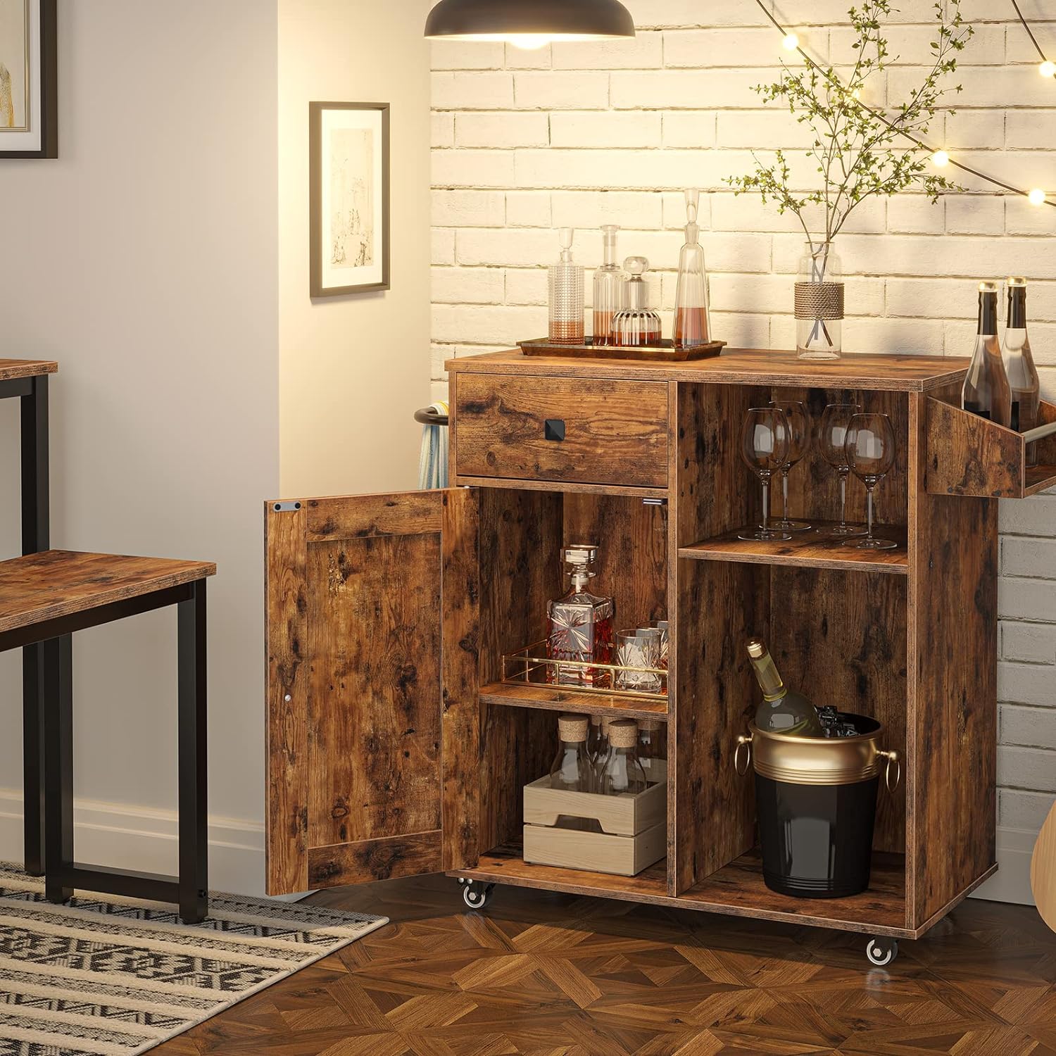 HOOBRO Kitchen Island, Storage Cabinet with Drawer, Kitchen Cart with Spice and Towel Rack, Saving Space, Easy Assembly, for Living Room, Rustic Brown BF12ZD01