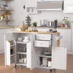 HOMREST 50.4" Kitchen Island with Drop Leaf & Power Outlet, Farmhouse Rolling Island Cart with 3 Spices Shelves on Wheels, Mobil Kitchen Island Table with Rubberwood Countertop Towel Rack, White