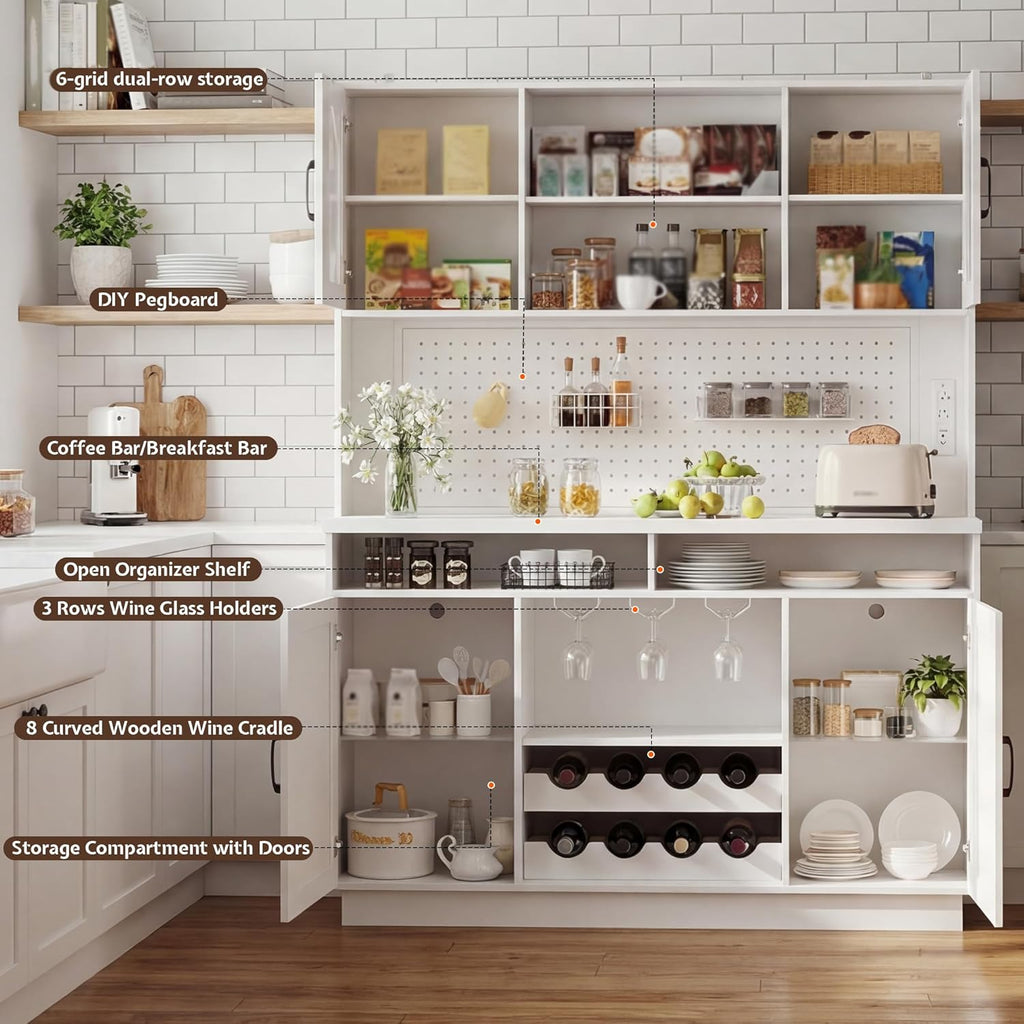 71" Tall Kitchen Pantry Storage Cabinet with LED Lights & Charging Station, Farmhouse Coffee Bar Cabinet with Adjustable Shelves & Pegboard, Pantry Cabinet with Countertop & Microwave Stand (White)