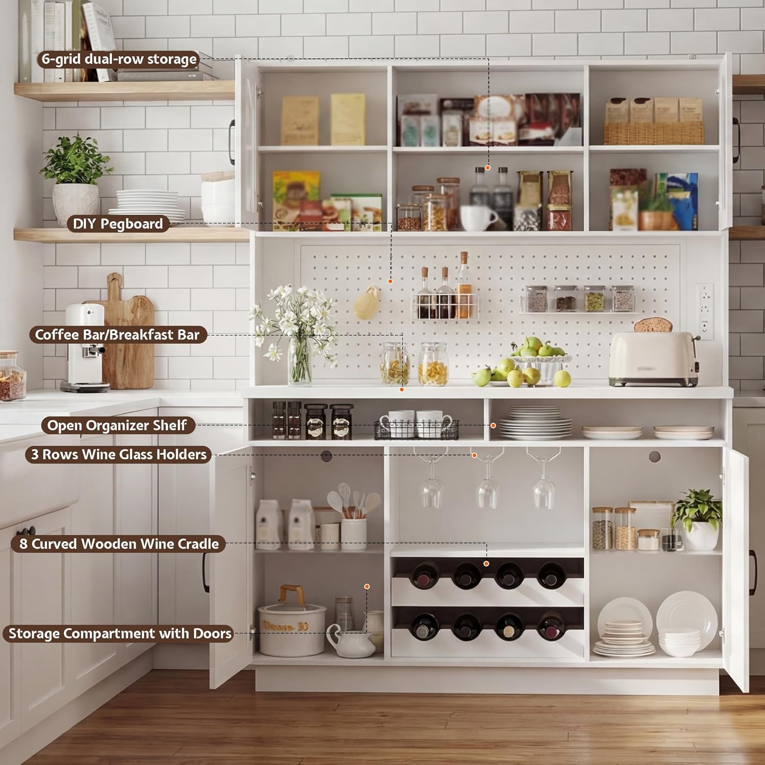 71" Tall Kitchen Pantry Storage Cabinet with LED Lights & Charging Station, Farmhouse Coffee Bar Cabinet with Adjustable Shelves & Pegboard, Pantry Cabinet with Countertop & Microwave Stand (White)