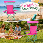Kids Folding Canopy Chair with Safety Lock, 125 lb Capacity, Pink/Green | Portable kids canopy chair with safety lock, cup holder, and foldable frame for beach, lawn, camping, and sports sidelines.