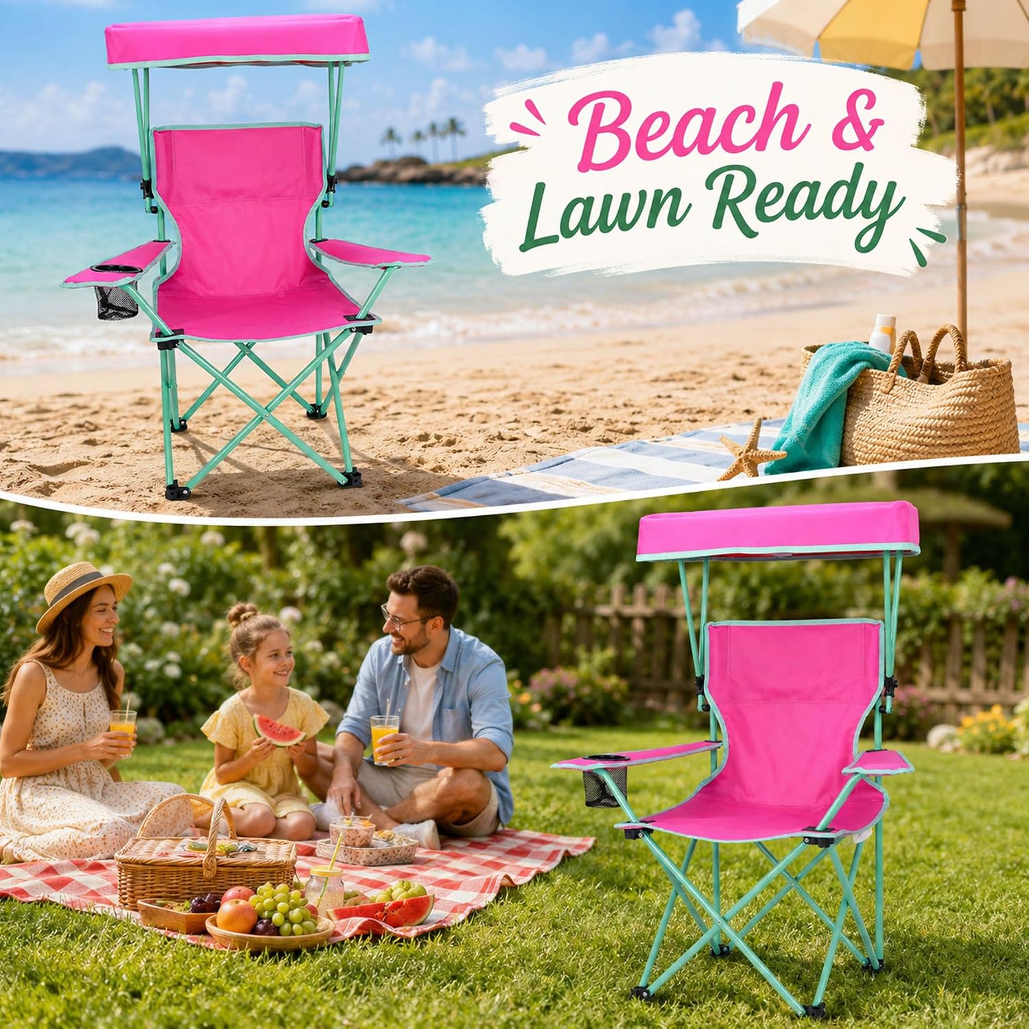 Kids Folding Canopy Chair with Safety Lock, 125 lb Capacity, Pink/Green | Portable kids canopy chair with safety lock, cup holder, and foldable frame for beach, lawn, camping, and sports sidelines.