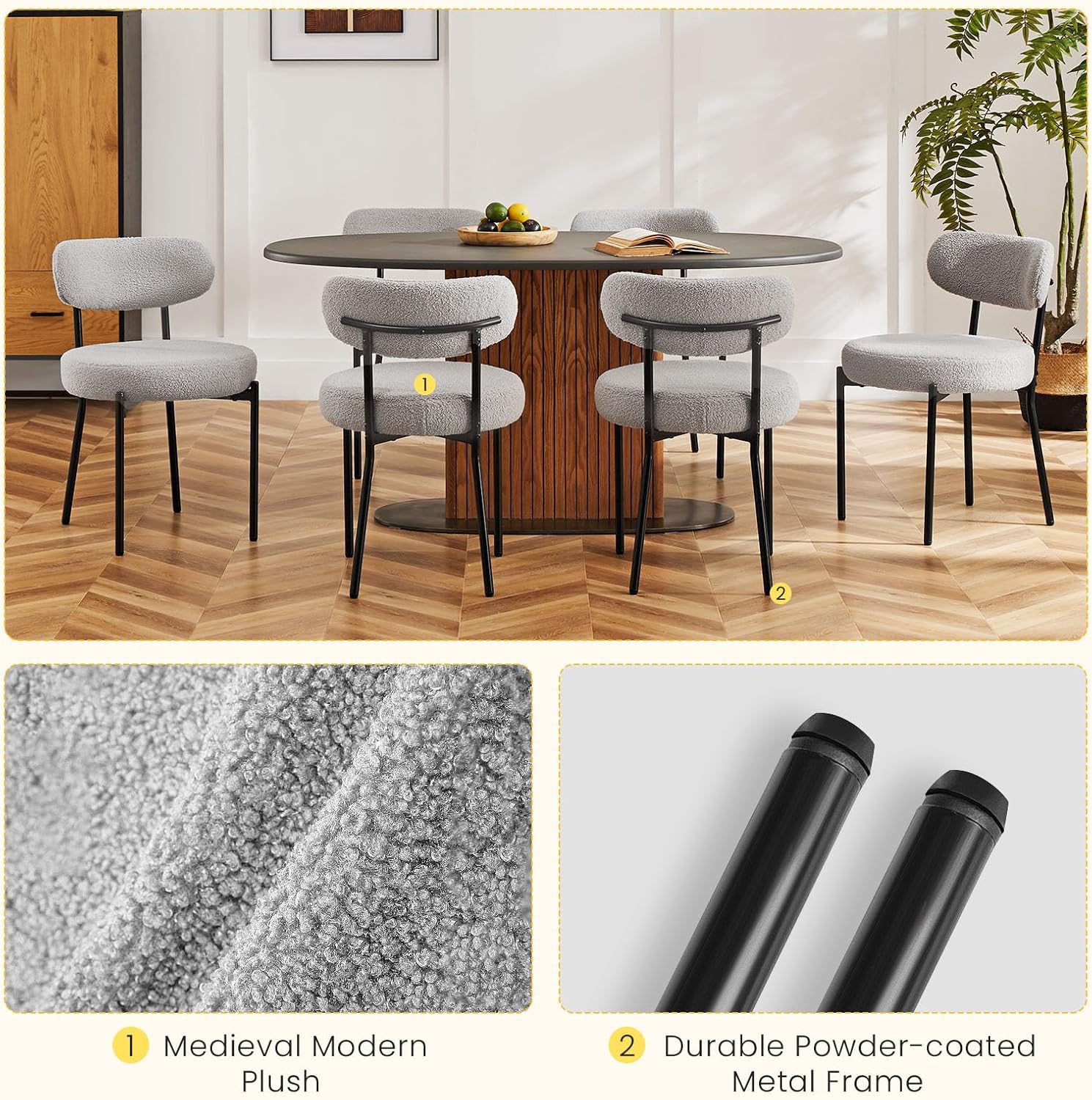 NEWBULIG Dining Chairs Set of 4, Mid Century Modern Dining Room Kitchen Side Chair with Fabric Upholstered Seat, Curved Backrest and Black Metal Legs, Grey
