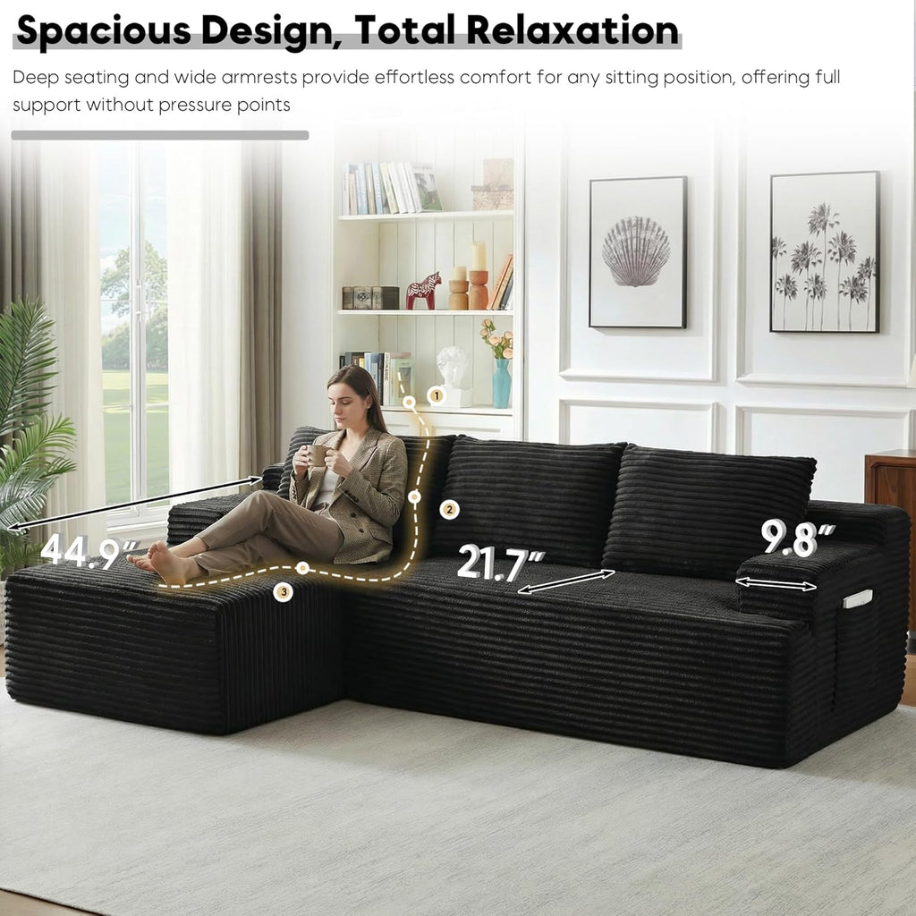 96.1" Cloud Sectional Couch, Modern Modular L Shape Sectional Sofa with Deep Seat Chaise, Comfy Corduroy Boneless Couches for Living Room (Black, Left Chaise)