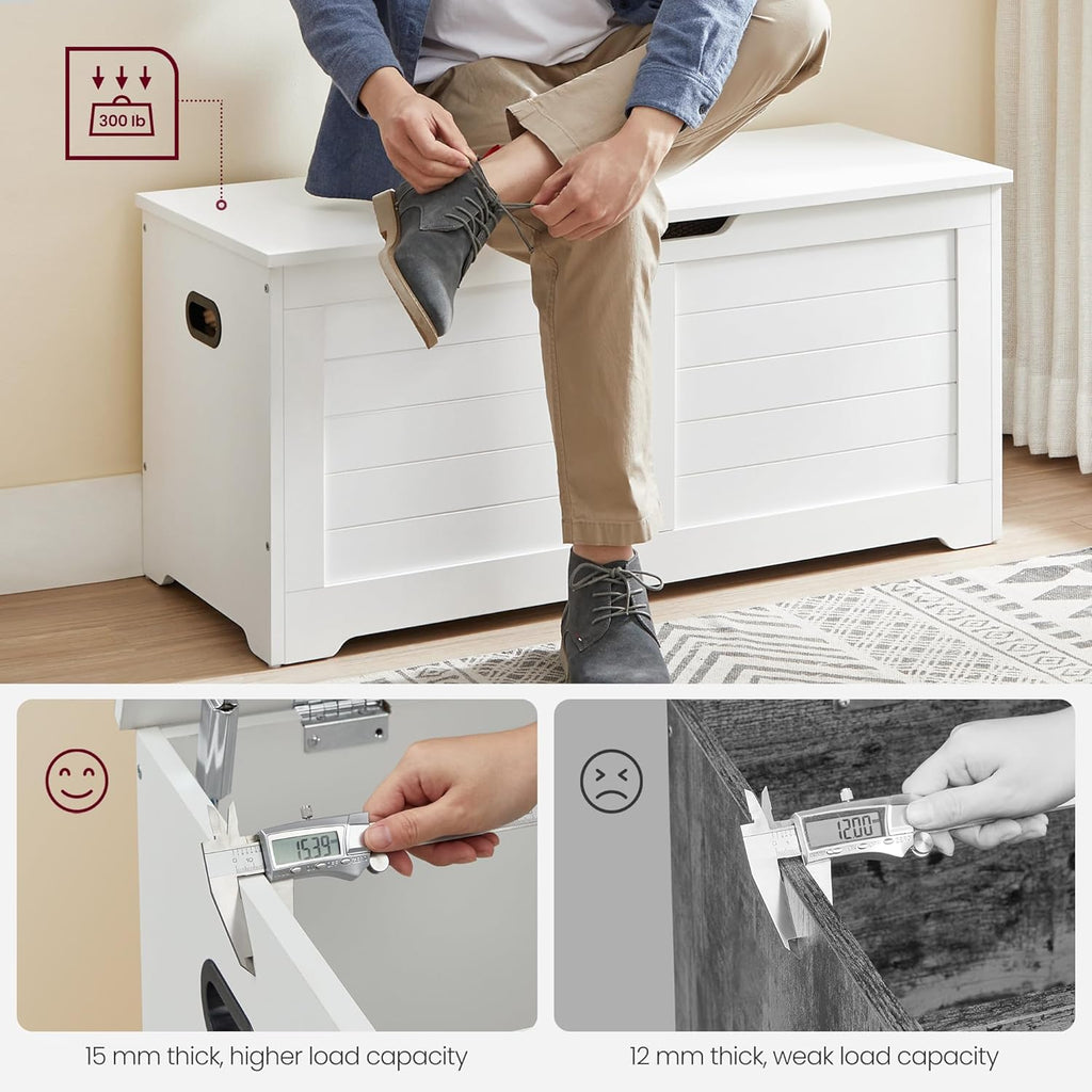 VASAGLE Storage Chest, Storage Bench with 2 Safety Hinges, Farmhouse Style, 15.7 x 39.4 x 18.3 Inches, for Entryway, Bedroom, Living Room, Cloud White ULSB061T10