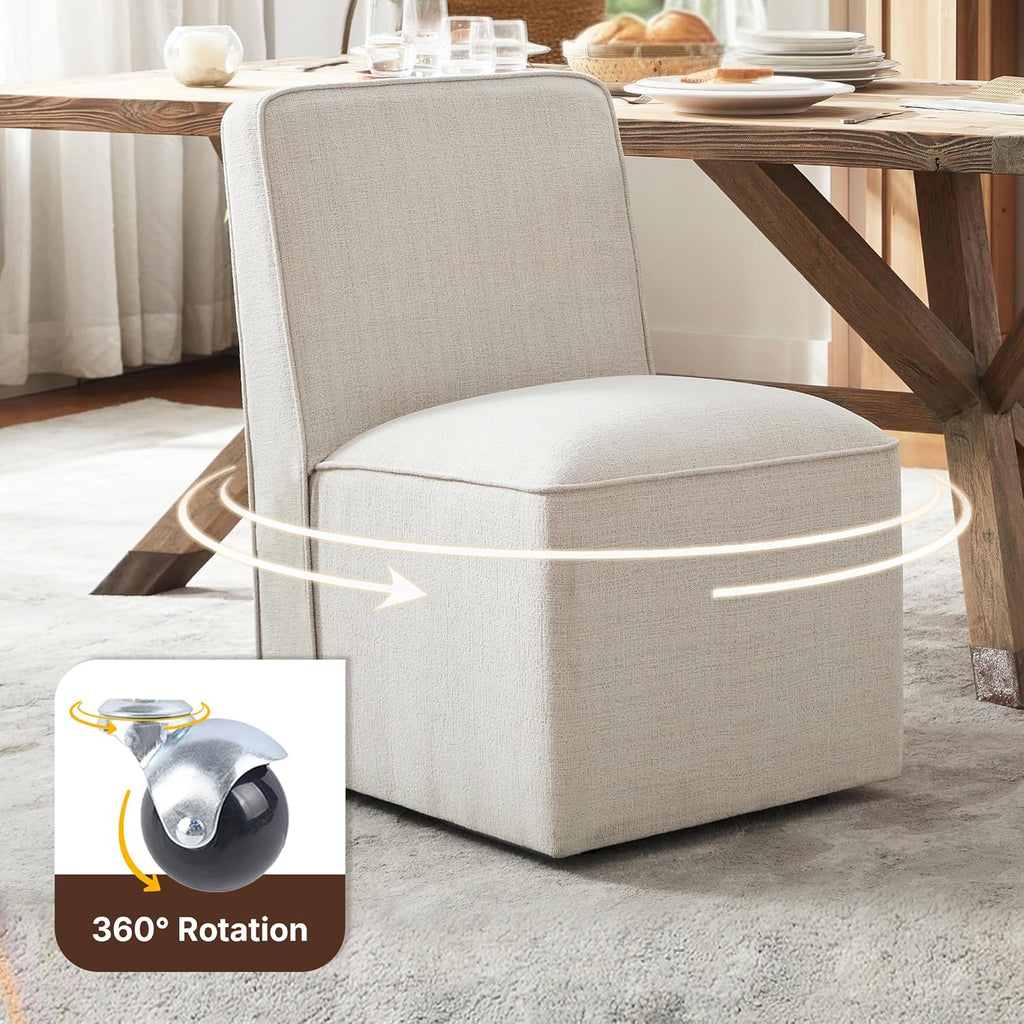 Upholstered Dining Chair with Casters Set of 4, Armless Modern Rolling Chenille Dining Chairs with Wheels for Dining Room Bedroom Reading Room Living Room