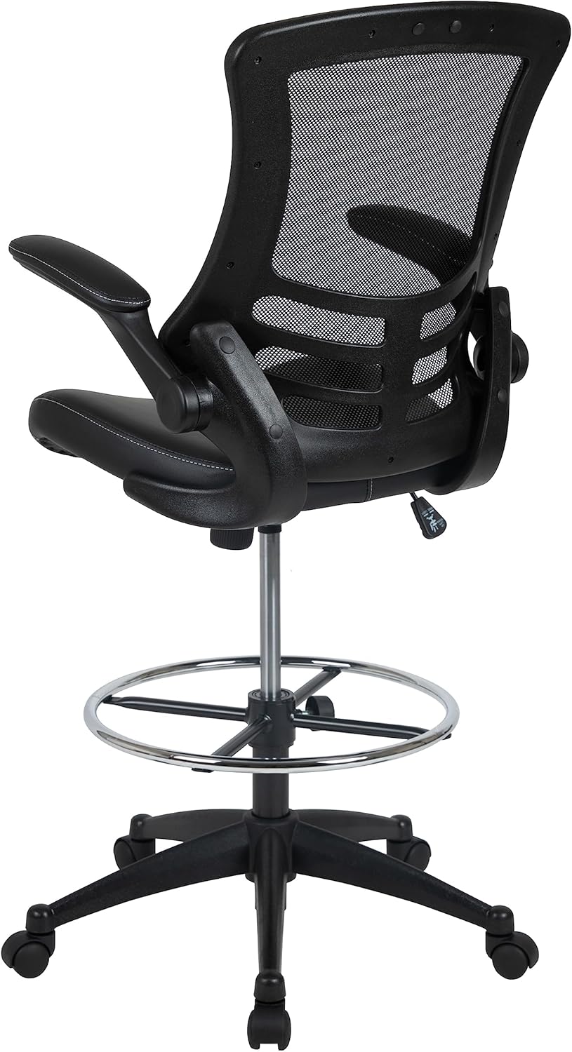 EMMA + OLIVER Mid-Back Black Mesh/LeatherSoft Ergonomic Drafting Chair with Flip-Up Arms
