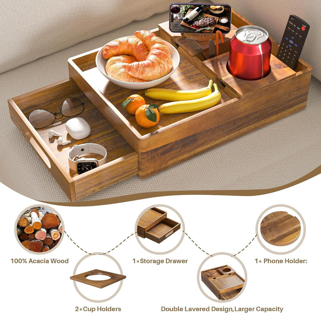 Acacia Wood Couch Cup Holder, 7-in-1 Couch Caddy Tray, Sofa Side Table with Push-Pull Drawer to Organize and Store Small Objects, 360°Swivel Phone Holder, for Drinks, Cups, Snacks, Remote