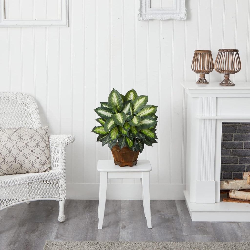 Nearly Natural 22IN Artificial Triple Golden Dieffenbachia Plant with Decorative Wood Planter, Faux Plant for Indoor Home Décor