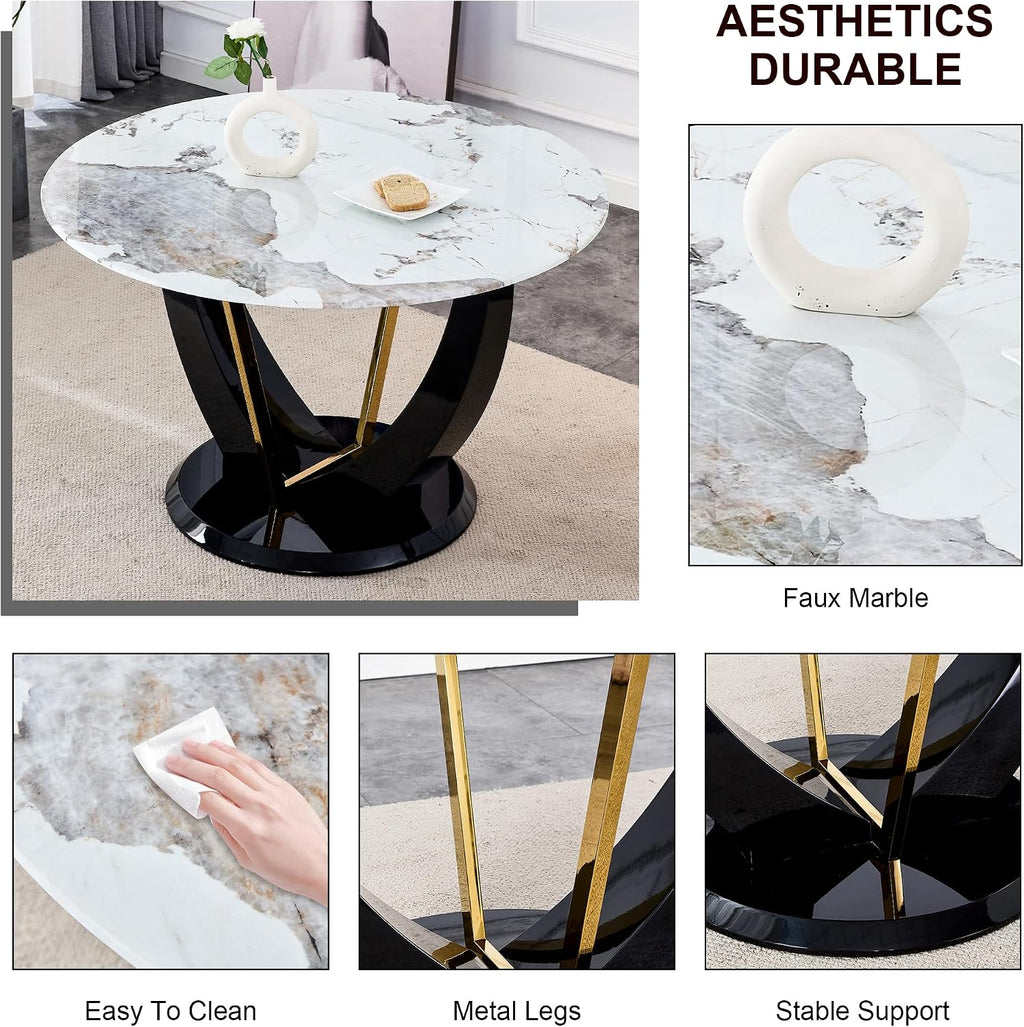 48 Inch Round Dining Table for 4-6, Modern Circle Dining Table with Black & Gold Metal Pedestal Base, Faux Marble Round Kitchen Table, 300 LBS Capacity