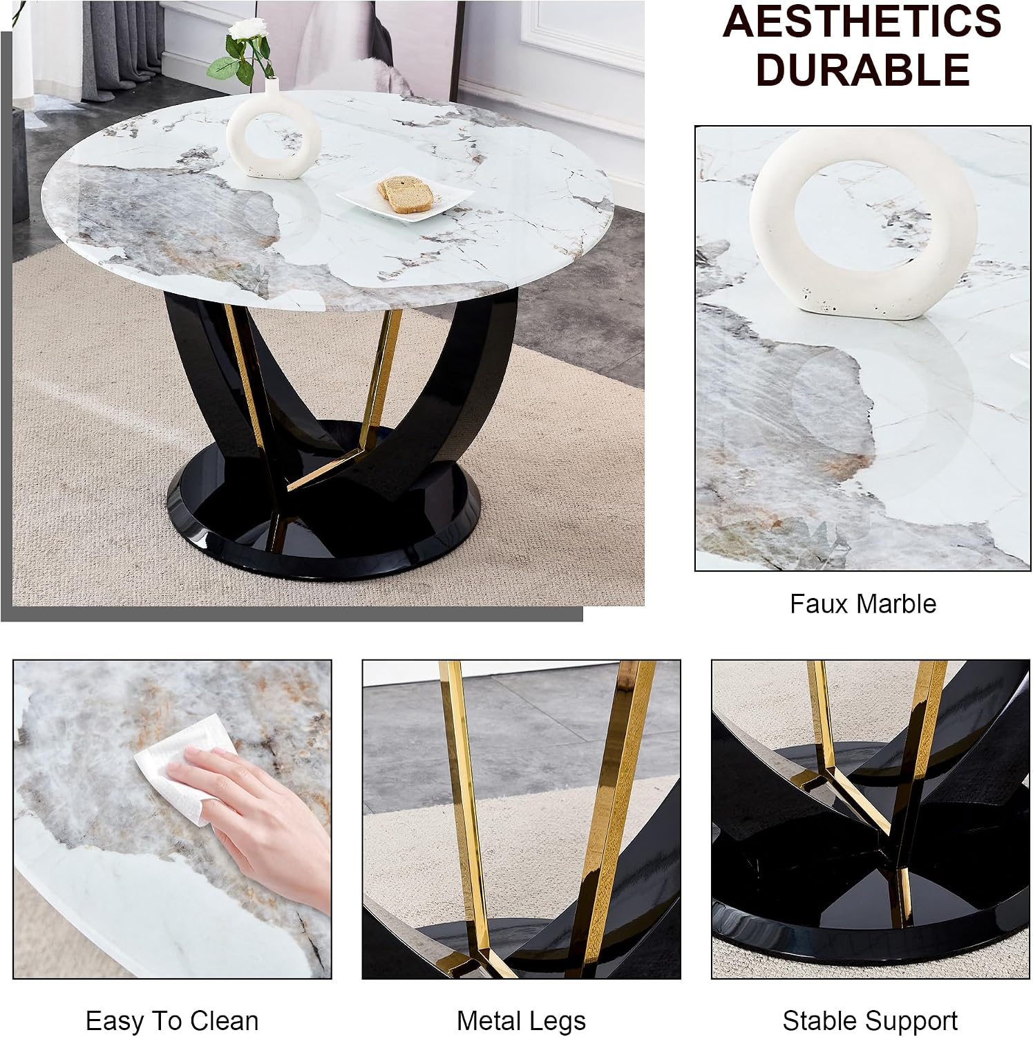 48 Inch Round Dining Table for 4-6, Modern Circle Dining Table with Black & Gold Metal Pedestal Base, Faux Marble Round Kitchen Table, 300 LBS Capacity