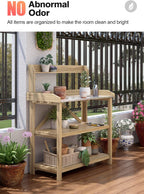 ARNOT Potting Bench, Enhanced 3-Shelf Potting Benches for Outdoors, Wooden Garden Potting Bench Tables W/Metal Tabletop & Cabinet Drawer, 3 Hooks