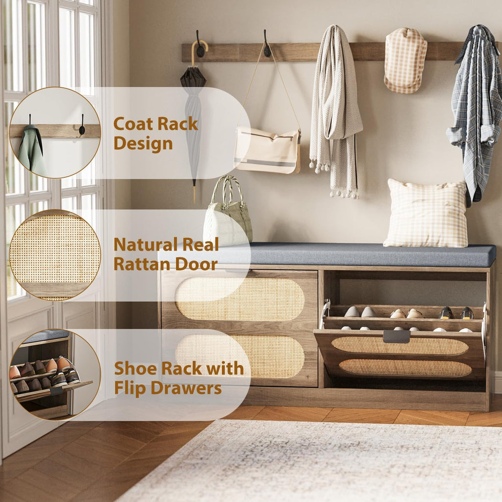 Rattan Storage Bench with Cushion & Coat Rack, Shoe Rack with 2 Flip Drawers, Narrow Shoe Storage Cabinet, Shoe Bench for Entryway, Living Room, Rustic Oak, Oval