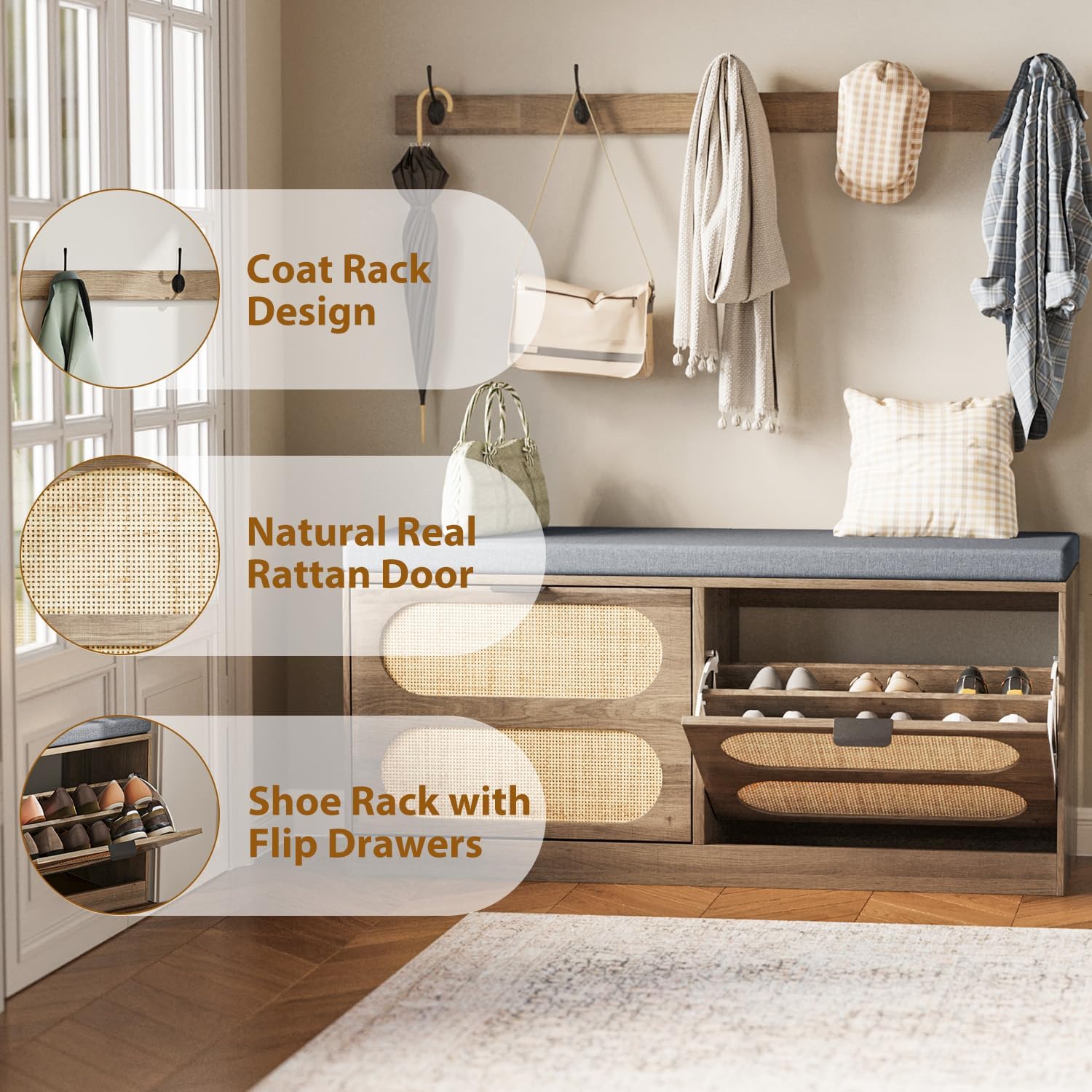 Rattan Storage Bench with Cushion & Coat Rack, Shoe Rack with 2 Flip Drawers, Narrow Shoe Storage Cabinet, Shoe Bench for Entryway, Living Room, Rustic Oak, Oval
