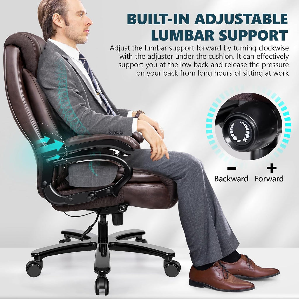 Big and Tall 500lbs Office Chair,Heavy Duty Large PU Leather Executive Desk Chair with Wide Seat, Adjustbale Ergonomic Lumbar Support High Back Rocking Computer Chair for Heavy People (Brown)