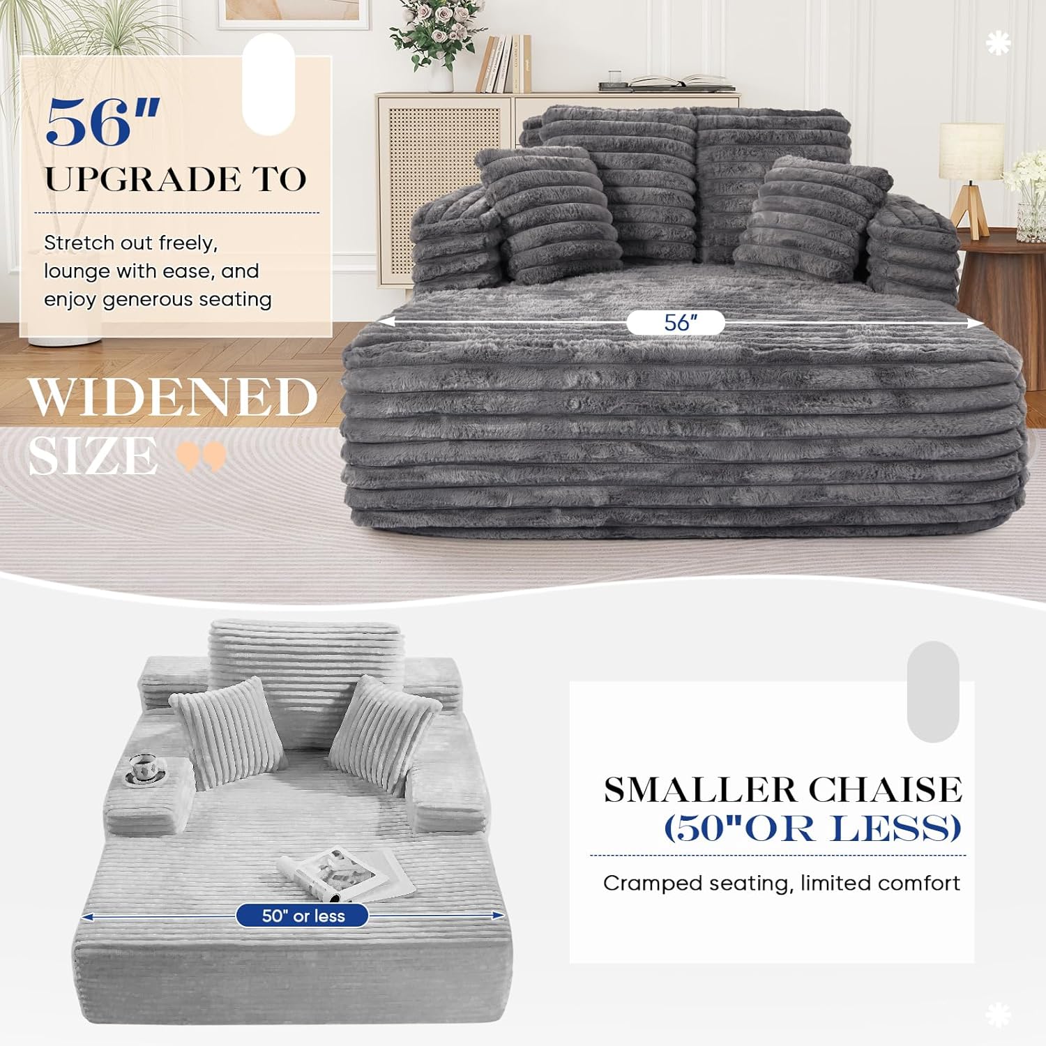 Oversized Chaise Lounge Indoor, Modern Plush Faux Fur Fabric Deep Seat Boneless Memory Foam Sleeper Chaise Lounge Sofa Chair with Pillows for Living Room Bedroom Studio, No Assembly Couch, Grey