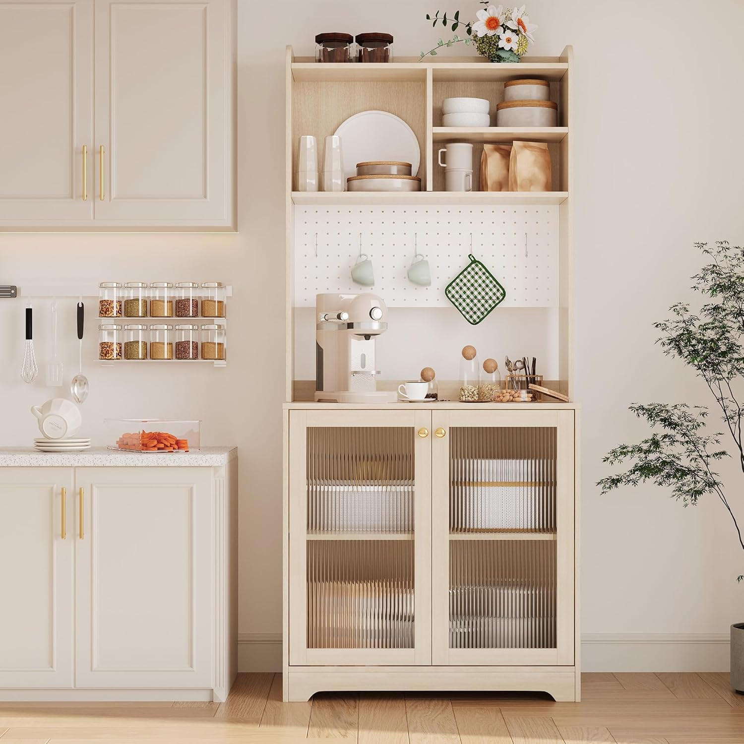 71" Tall Pantry Cabinet with 2 Glass Doors, Freestanding Kitchen Storage Cabinet with Open Storage & Adjustable Shelves, Modern Farmhouse Cupboard Coffee Bar for Dining Room, Living Room, Natural
