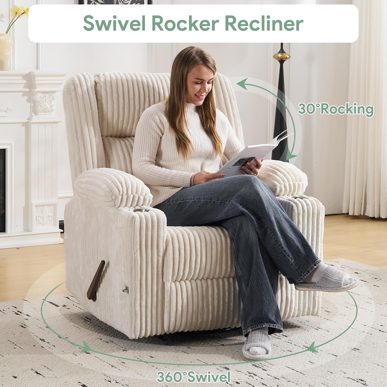 Manual Recliner Chair with Adjustable Headrest, Oversized Swivel Rocker Recliner for Adults with Arm Storage, Nursery Glider Recliner with Phone Stand and Side Pockets for Living Room, Beige