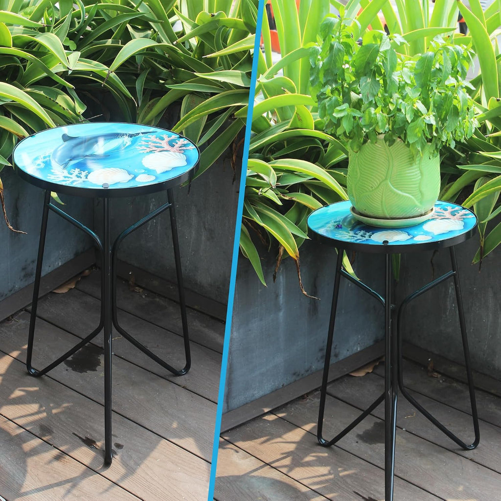 12 Inch Folding Outdoor Side Tea Table, Dolphin Shell Coral Small Accent Tables, Plant Tables Indoor, Garden or Living Room Decor Afternoon Tea Dinner Table, Simple Assembly Cast Iron Plant Stand