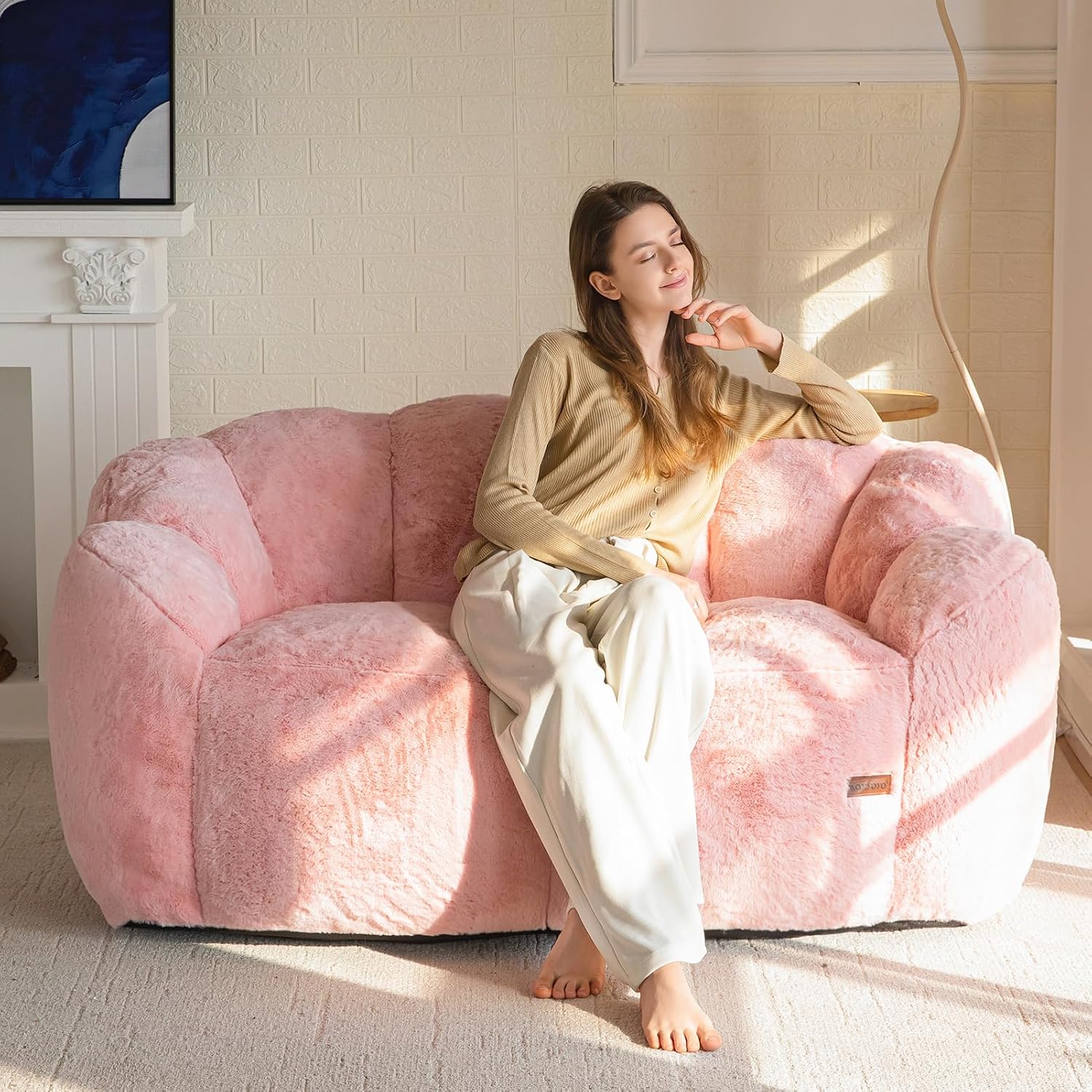 MAXYOYO Bean Bag Chair for Adults, Floral Shaped Bean Bag Sofa | Ultra Soft Faux Fur Floor Sofa, Large Reading Chair for Living Room Bedroom, Pink, Double