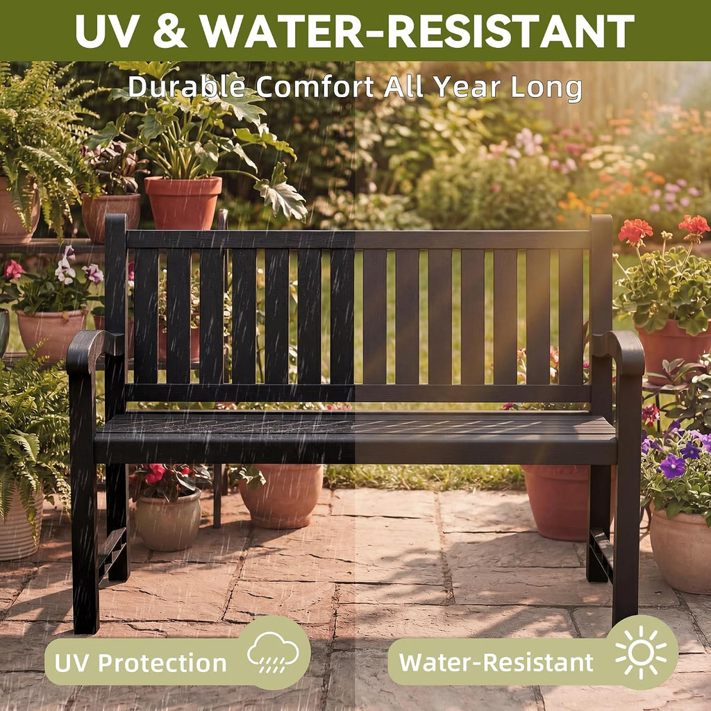 Outdoor Bench, 2-Person Outdoor Benches Weatherproof, 600 lbs Weight Capacity, Low Maintenance, Garden Bench for Patio, Park, Porch, Backyard, Balcony