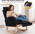 MINCETA Nursery Rocking Chair with Retractable Footrest, Teddy Fabric Upholstered Glider Rocker with High Backrest, Modern Accent Chair with Solid Wood Legs for Baby Room Living Room, Black