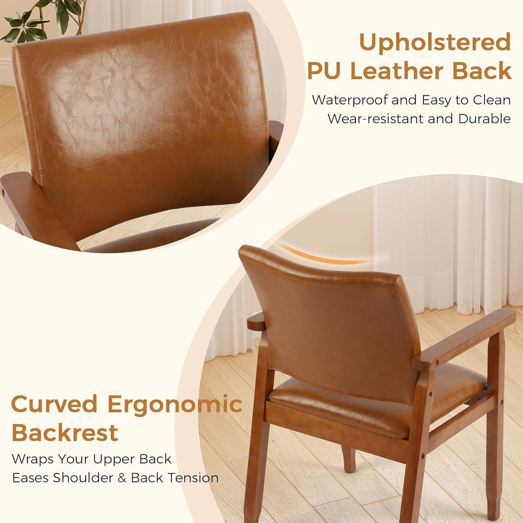 NOBPEINT Mid-Century Modern Dining Chairs with Armrest Set of 4, PU Leather Upholstered Dining Room Chairs with Solid Wood Frame, Walnut Kitchen Armchairs for Kitchen Living Room Restaurant, Brown