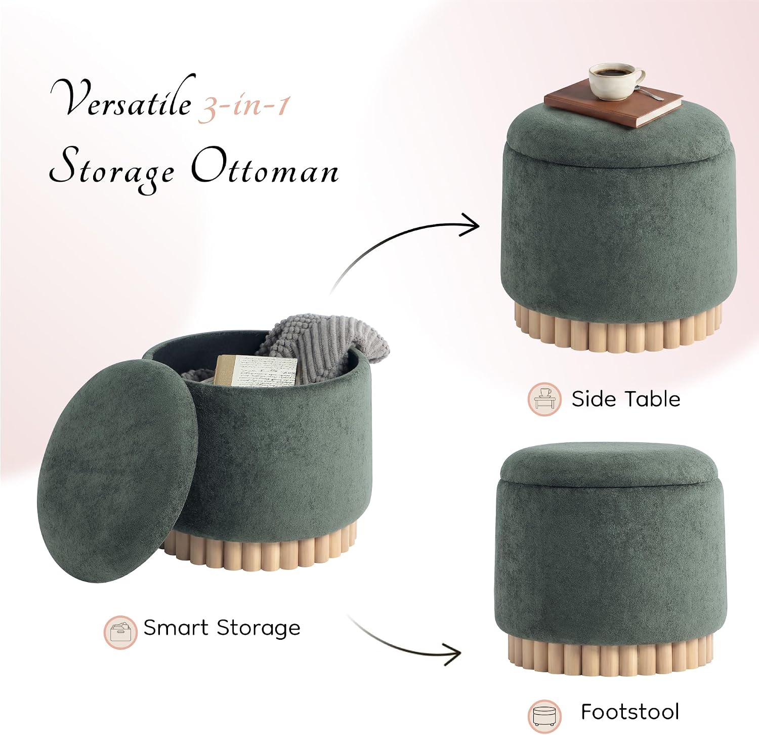 Get Set Style Round Ottoman with Wooden Base, Storage Vanity Stool for Makeup, Upholstered Footrest Stool Ottoman Foot Stool for Living Room, Bedroom