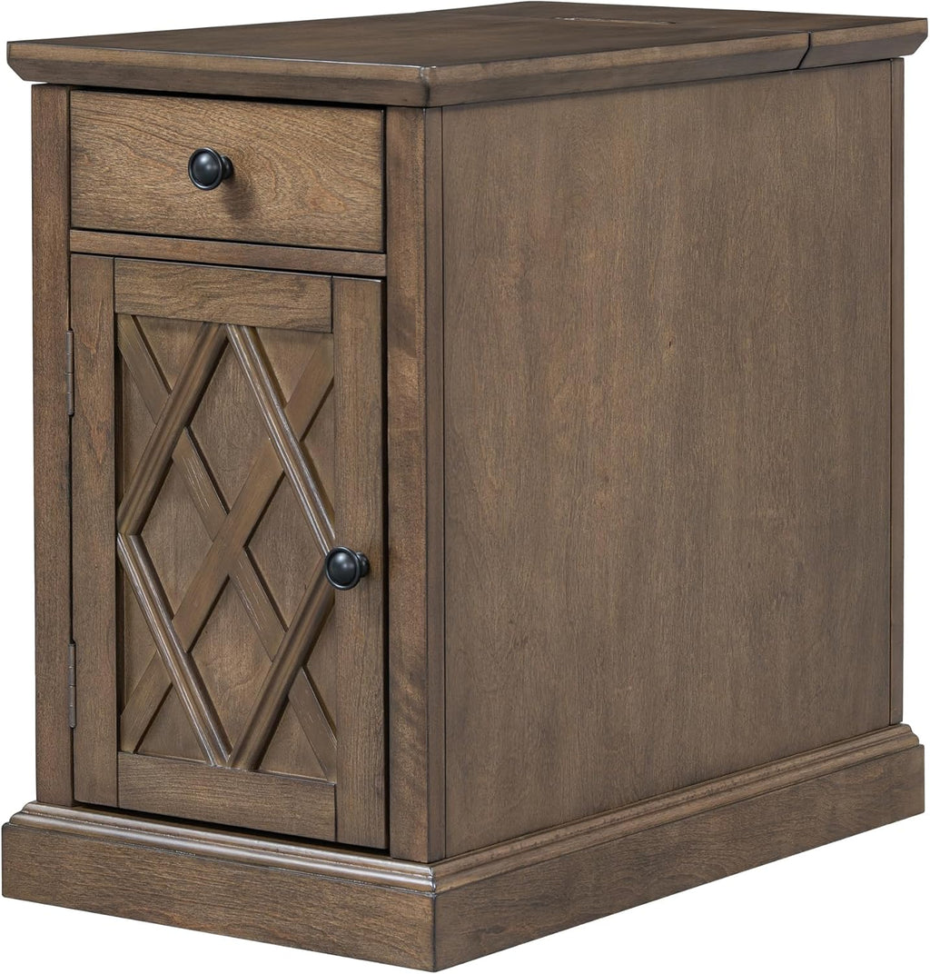 Merax Vintage End Table with Charging Station, Narrow Side Table with Cup Holders and Storage Cabinet for Living Room & Bedroom, Antique Brown
