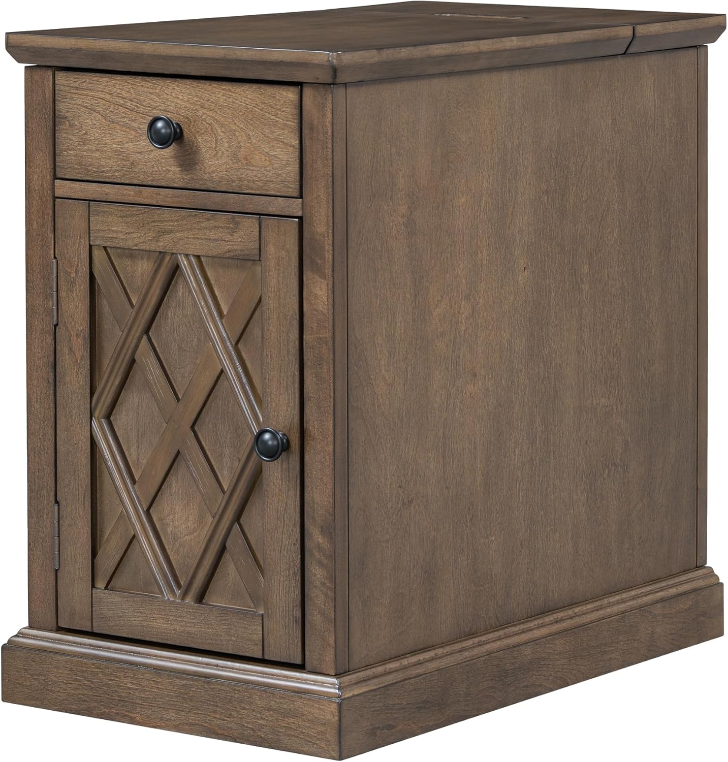 Merax Vintage End Table with Charging Station, Narrow Side Table with Cup Holders and Storage Cabinet for Living Room & Bedroom, Antique Brown