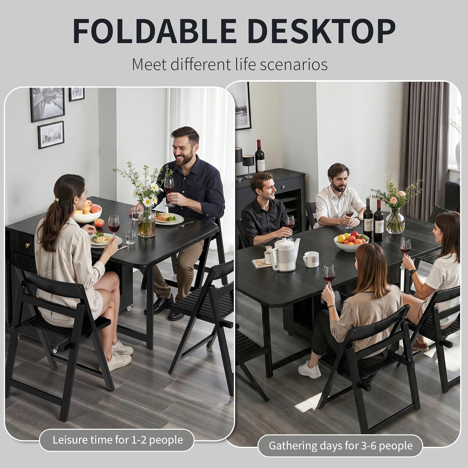 Folding Dining Table and Chairs - 51" Fully Assembled Drop Leaf Table 4-6 Seater with Storage and Lockable Wheels, Space-Saving Set with 4 Chairs for Kitchen or Dining Room (Black)