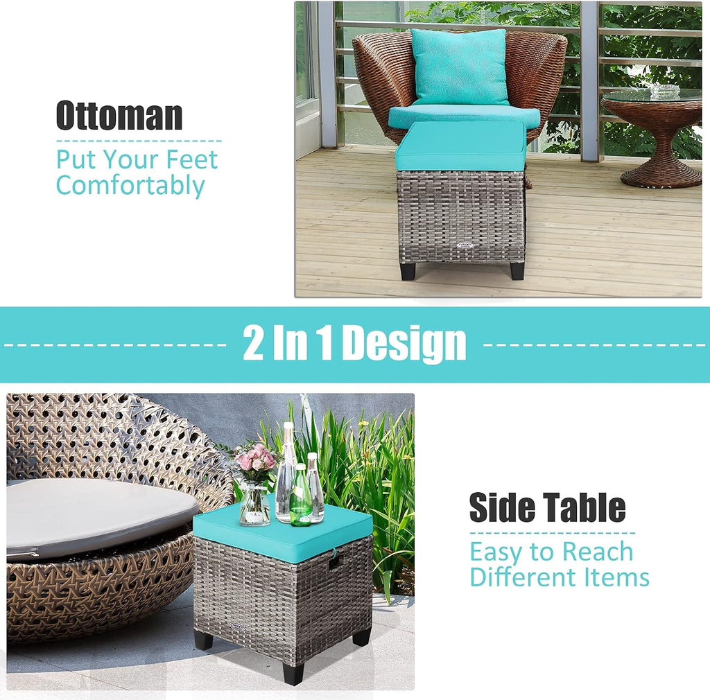COSTWAY Set of 2 Wicker Ottomans, Outdoor 3-in-1 All Weather Rattan Foot Rest, Side Table, Additional Seating with Removable Seat Cushions and Steel Frame for Patio, Deck, Backyard, Porch (Turquoise)