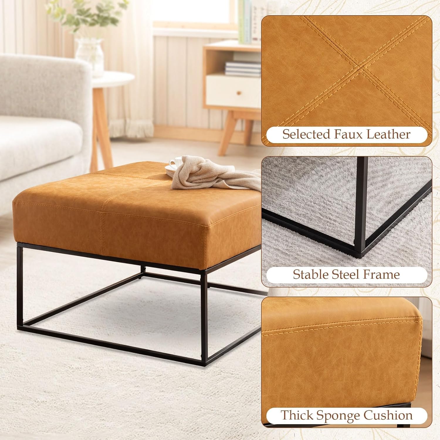 Modern Square Coffee Table, Farmhouse Ottoman for Living Room, Large Vintage Leather Coffee Tables with Faux Leather Upholstered Padded Seat [Square, Vintage Brown, 30'']