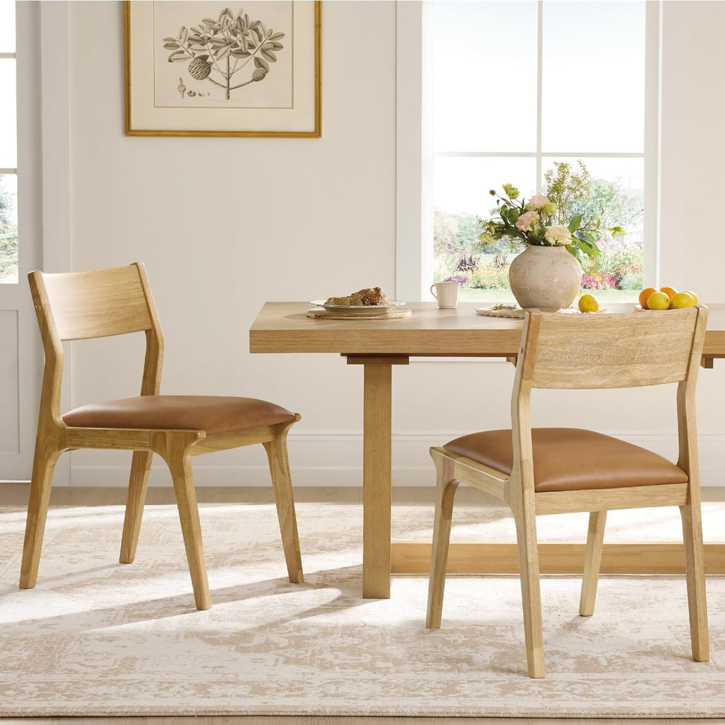 Watson & Whitely Wood Dining Chairs Set of 4, Modern Leather Upholstered Kitchen Chairs with Ergonomic Curved Backrest and Solid Wood Frame, Farmhouse Chairs for Dining Room, Living Room, Camel