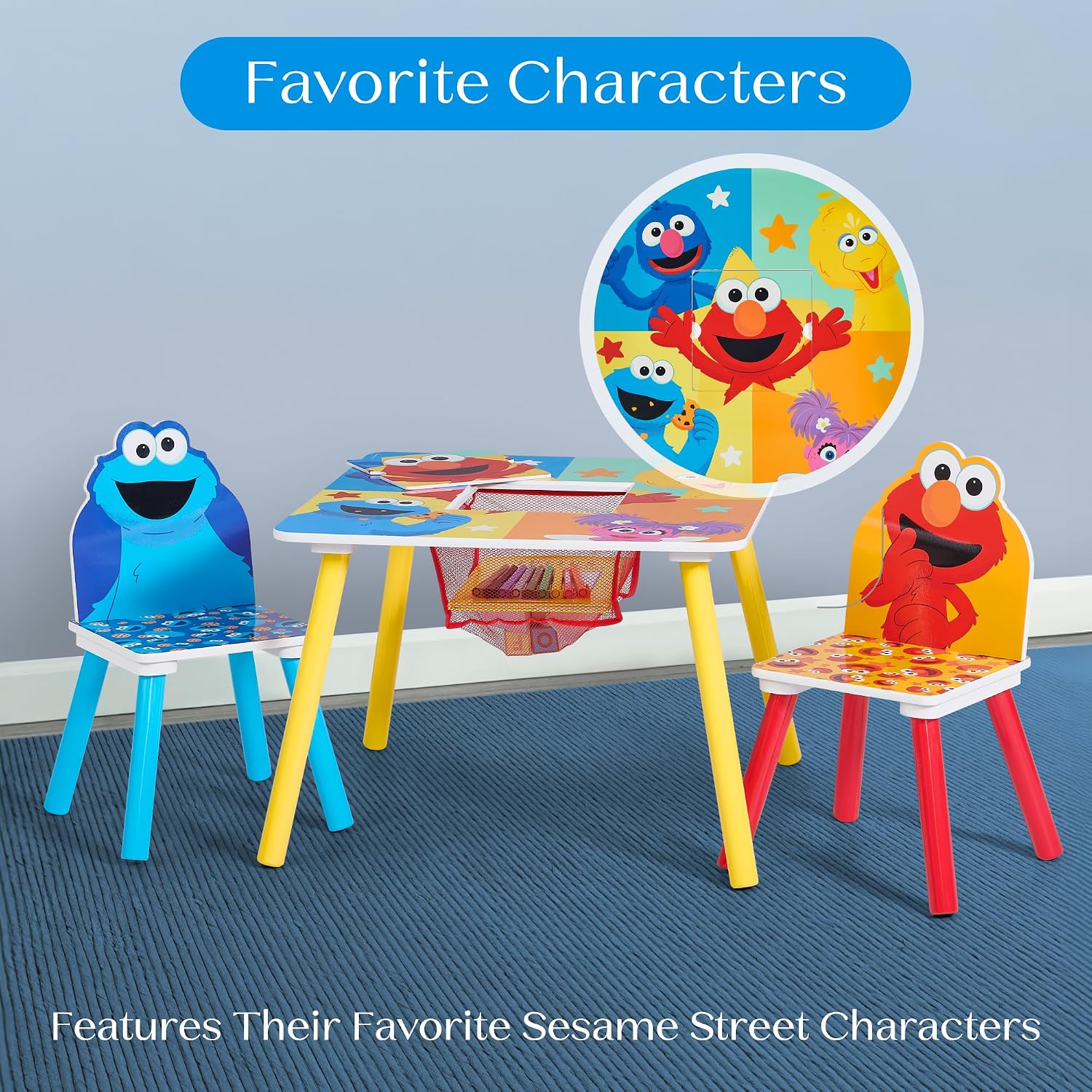 Delta Children Sesame Street Kids Table and 2 Chair Set with Storage, Blue | Greenguard Gold Certified, Kids Table & Chair Set for Toddlers & Children for Arts/Crafts, Snack Time, Durable Activity Table