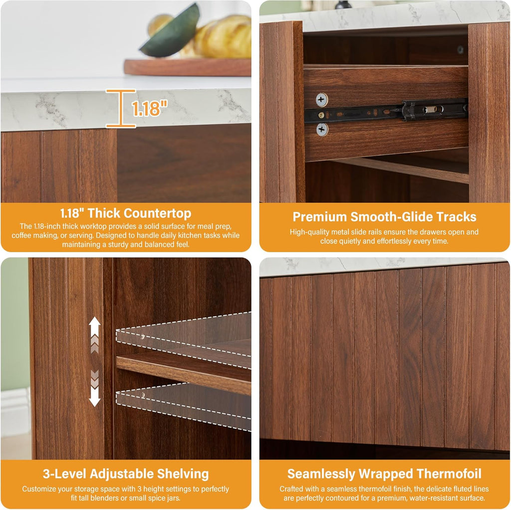 59" Kitchen Island with Storage & Seating for 2, Modern Stationary Kitchen Island with Faux Marble Top, 2 Drawers, Open Shelves & 5 Hooks, Counter Height Prep Table for Dining & Kitchen (Walnut)
