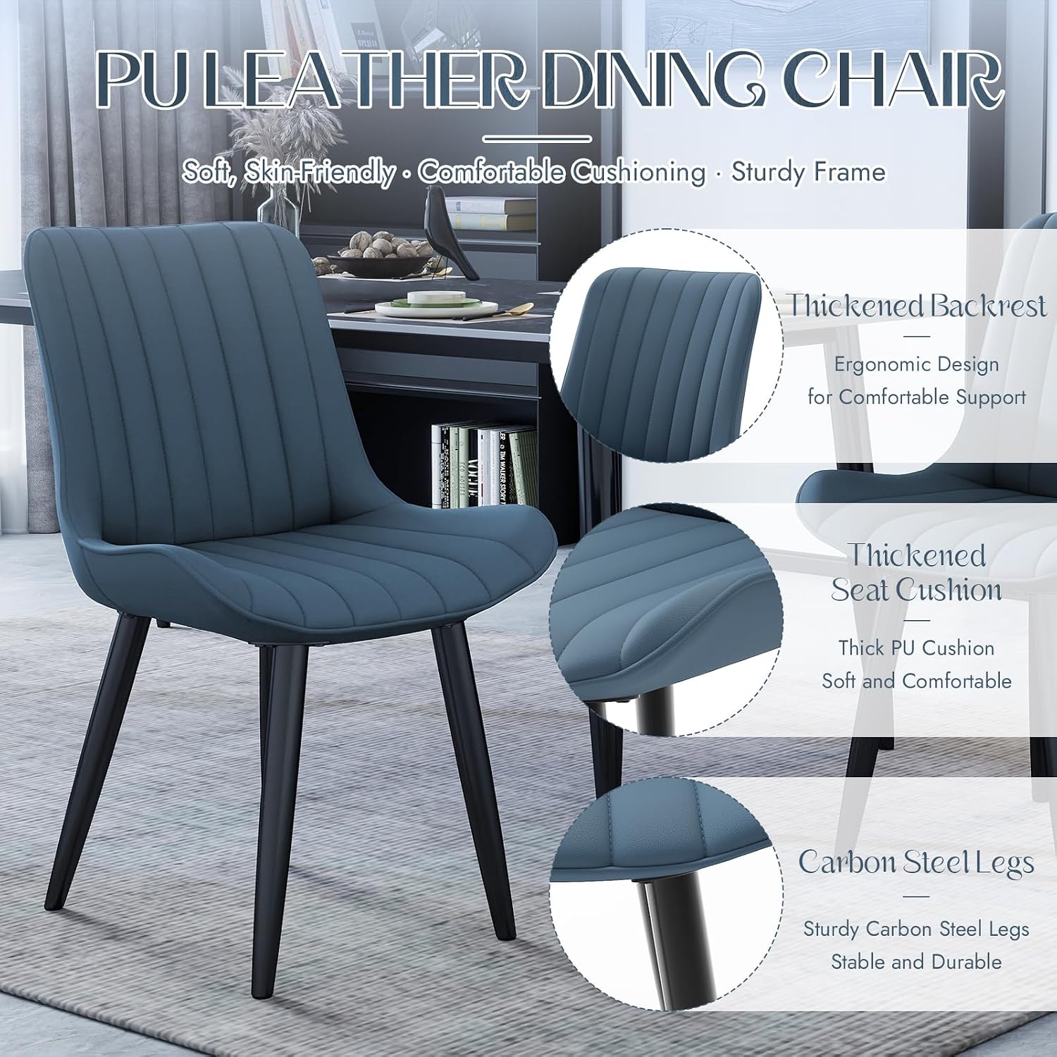 Mid-Century Modern Dining Chairs Set of 2, PU Leather Kitchen Chairs with Soft Cushion and Metal Legs, Upholstered Armless Accent Chair Side Chair for Dining Room/Guest/Reception Room/Cafe (Blue)