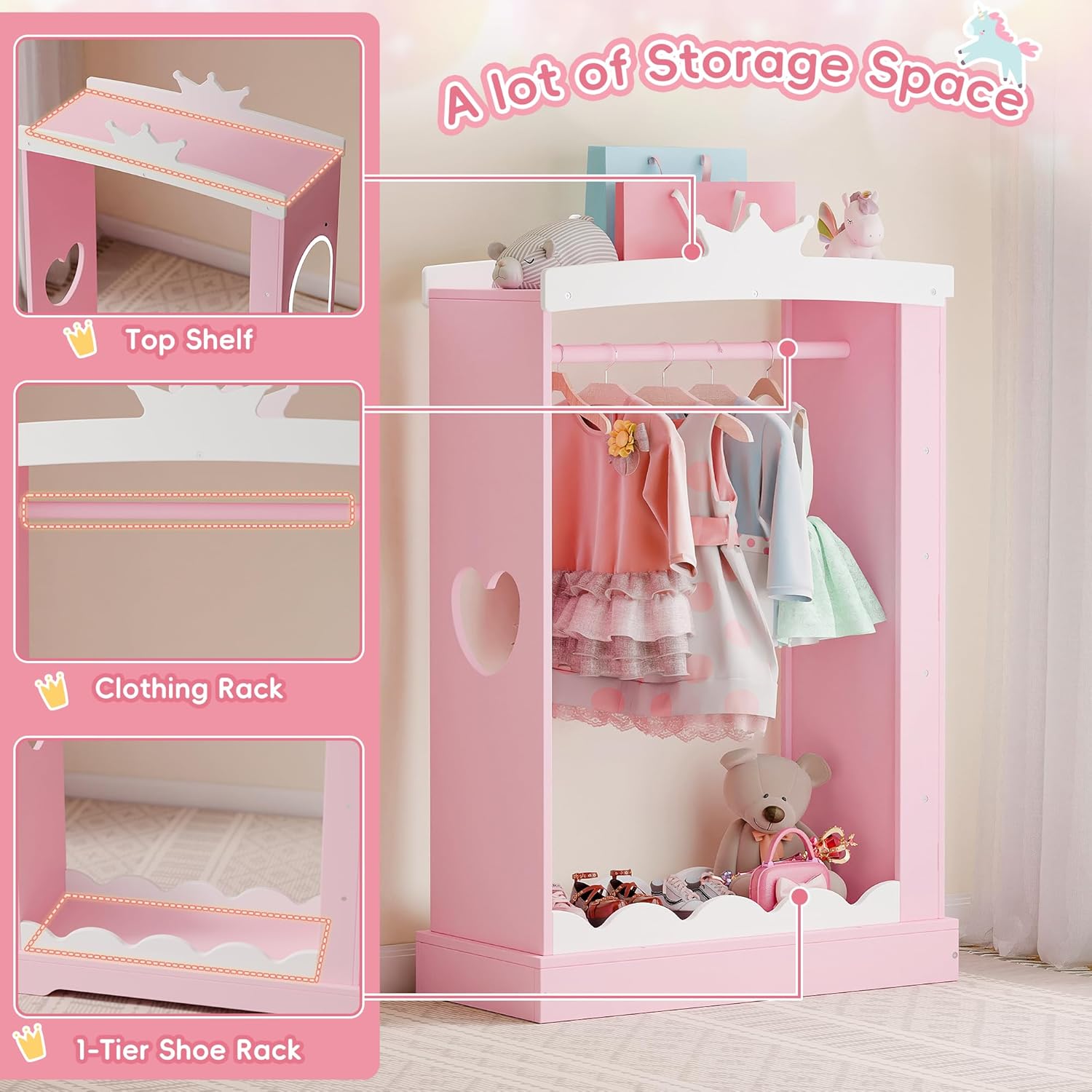 Xilingol Kids Armoire with Jewelry Cabinet, Dress up Storage with Mirror, Princess Dress Closet and Costumes Wardrobe Closet, Costume Organizer for Bedroom, Kids Room, Girls (Pink)