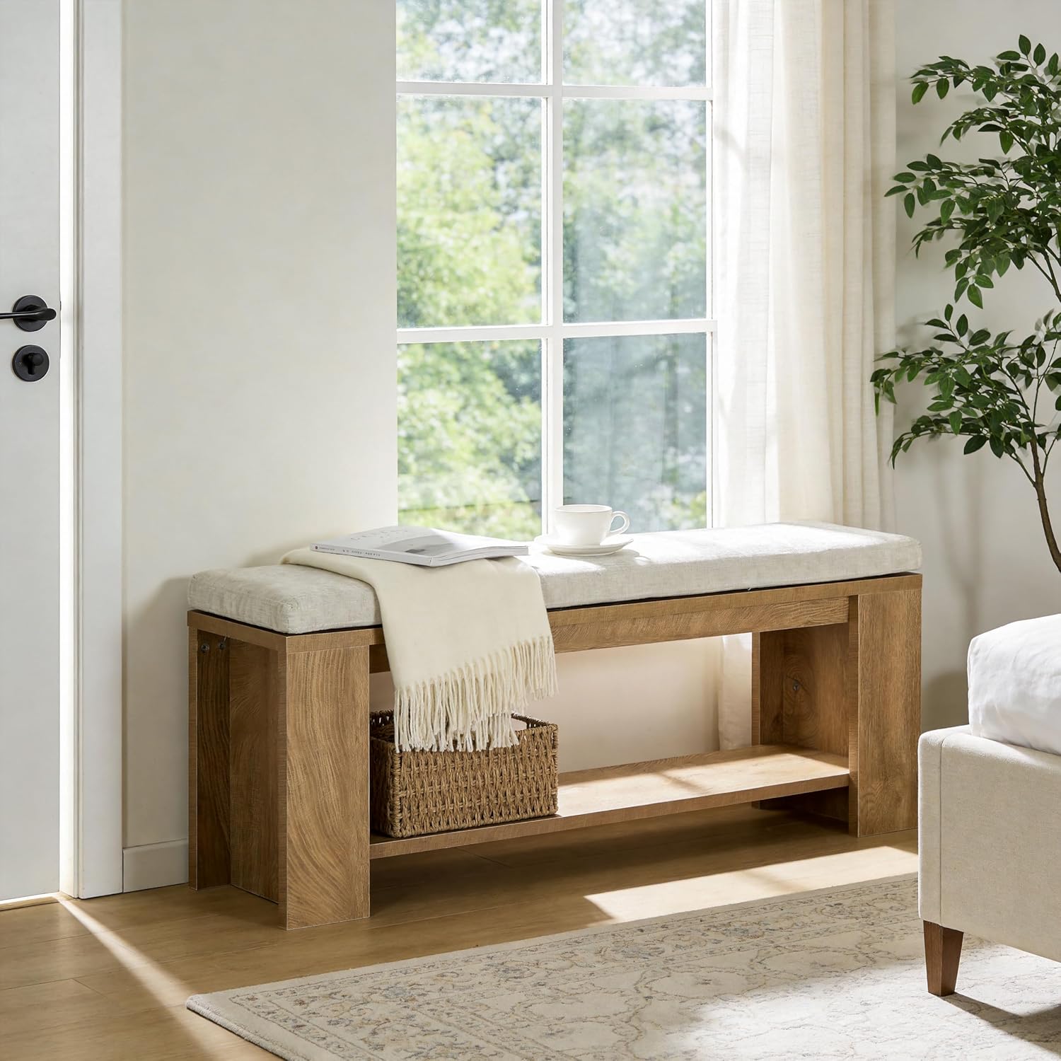 Tribesigns Upholstered Entryway Bench, 47-Inch Long Farmhouse End of Bed Bench with Padded Seat and MDF Frame, Rustic Indoor Cushion Seat for Entrance, Hallway, Bedroom