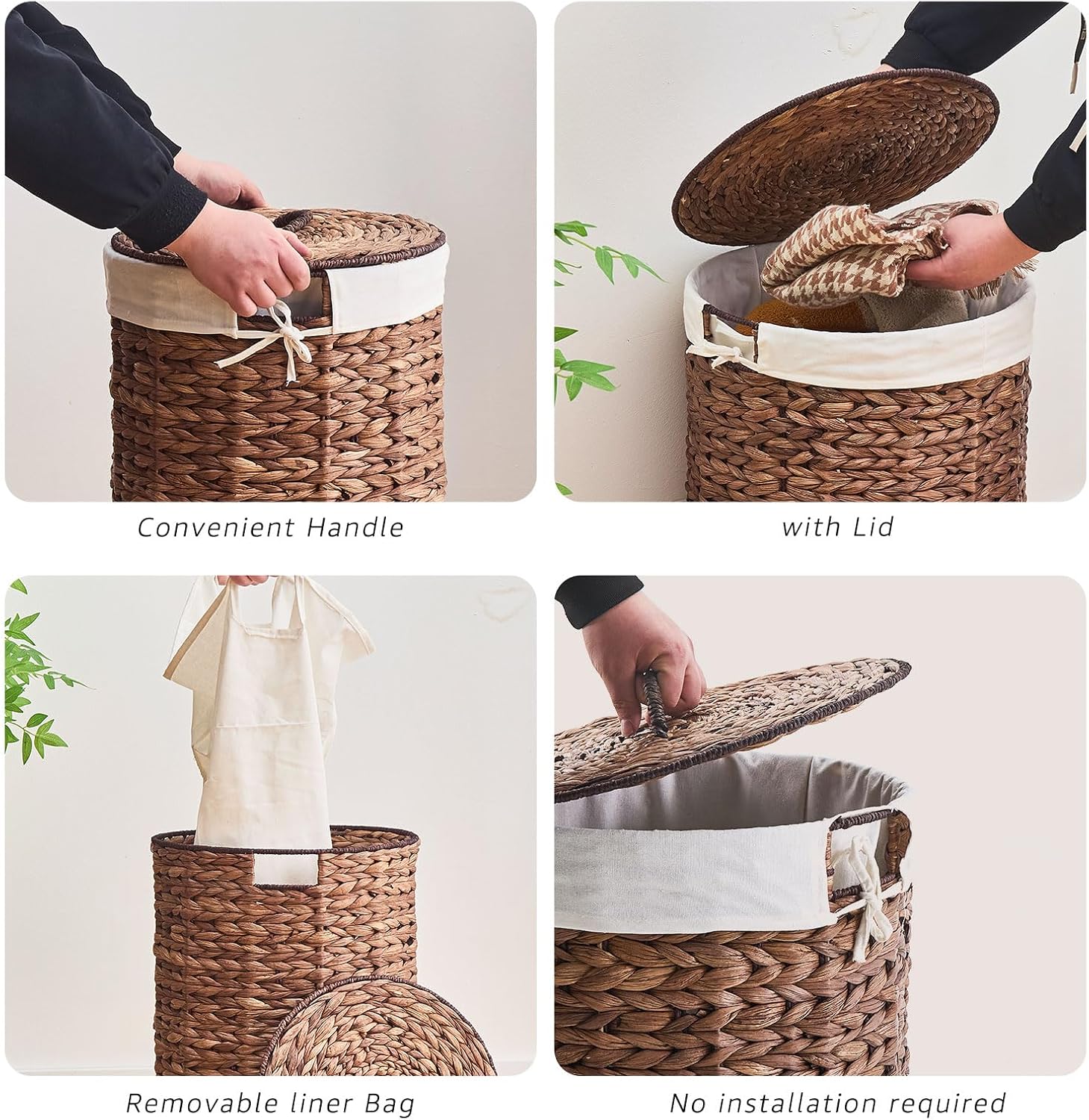 Round Water Hyacinth Laundry Hamper with Lid Handwoven Wicker Basket with Handles for Dirty Clothes, Storage, and Organization Ideal for Bedroom, Bathroom, and Laundry Room, No Assembly Required, 90L